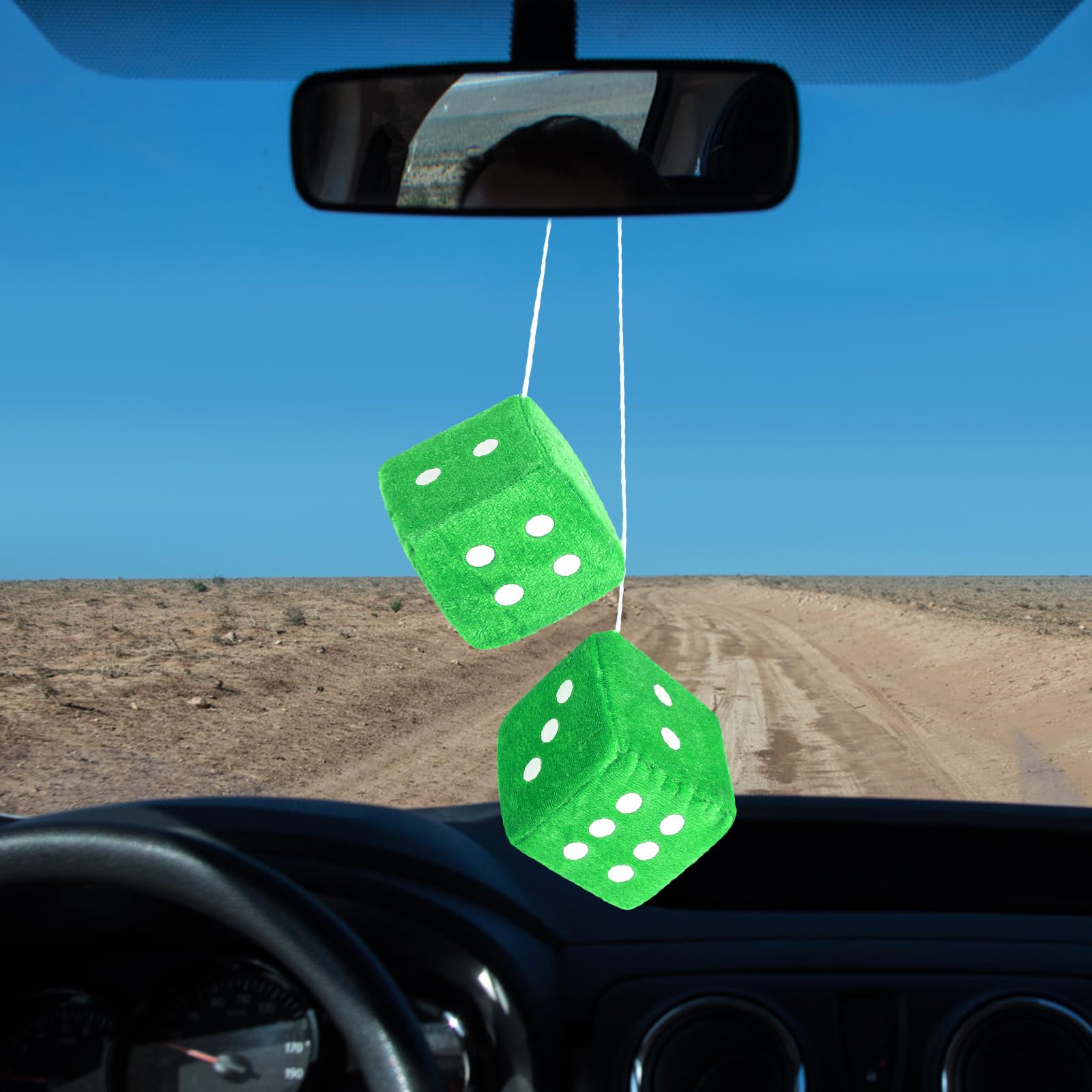 Fuzzy Dice For Rear View Mirror, Green Fuzzy Dice For Car Mirror, 2.75Inch Pair Of Plush Retro Square Hanging Dice With White Do