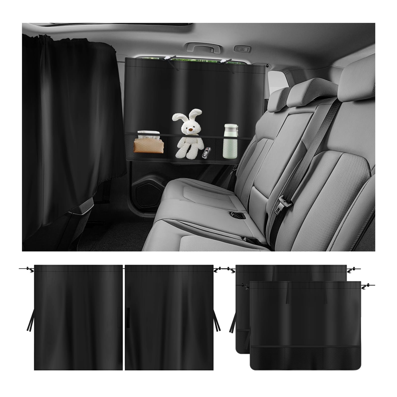 3PCS Car Window Shades for Privacy,Upgraded Side Car Curtains with Storage Pockets & 4PCS Suction Cups for Sun & Thermal Insulat