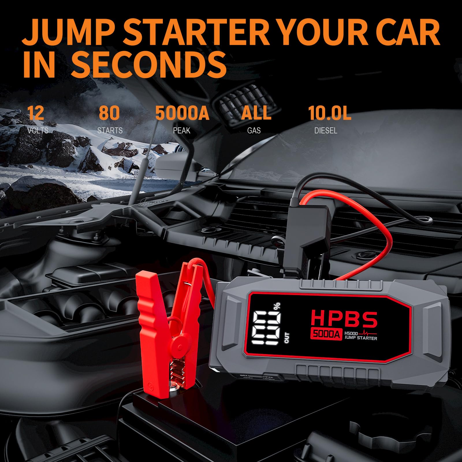 HPBS Car Jump Starter 5000A - Portable 12V Battery Pack for Gas & 10L Diesel Engines, LCD Display, Model H5000