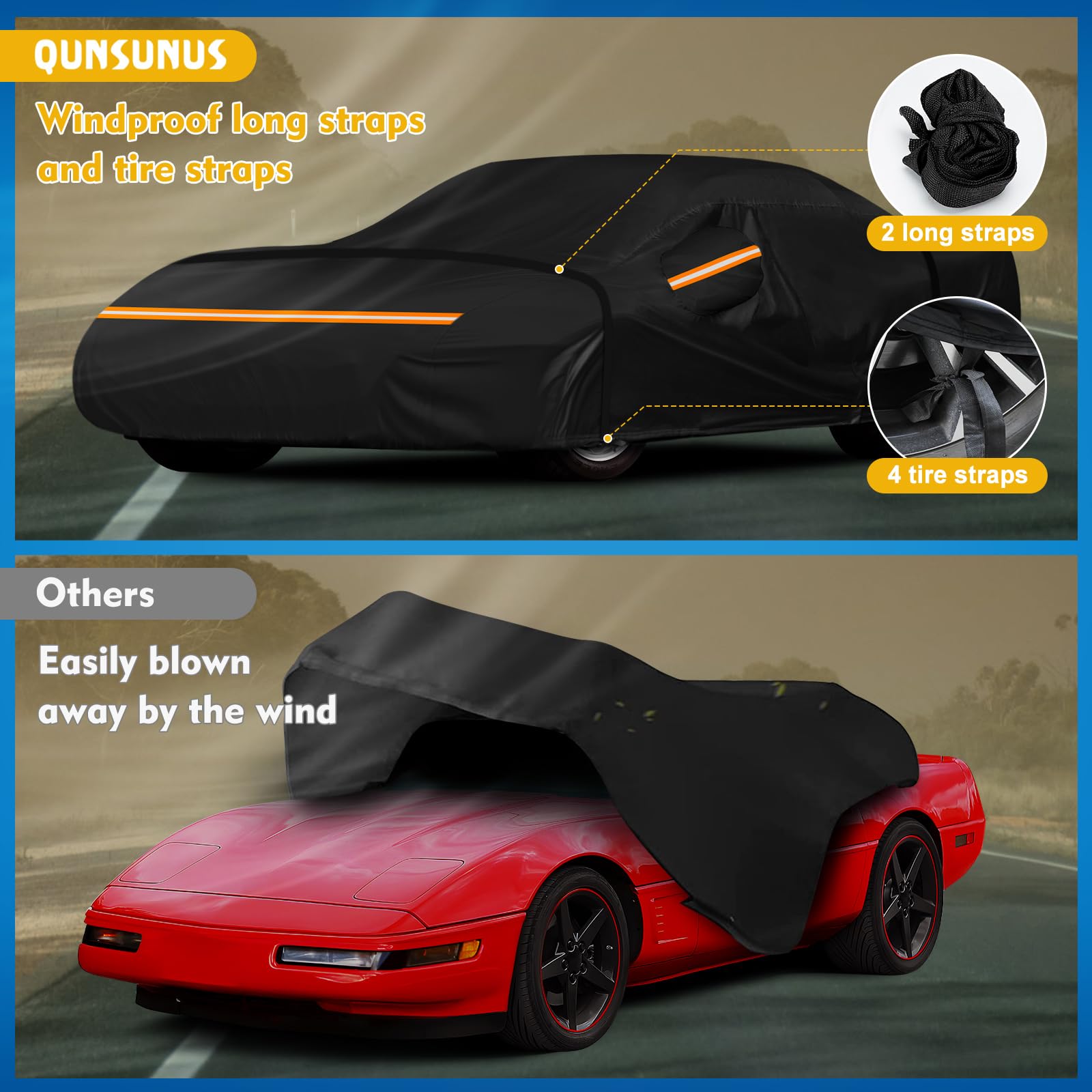 QUNSUNUS Waterproof Car Cover for C4 Corvette 1984-1996, Outdoor Car Covers with Zipper, All Weather Full Exterior Cover with St