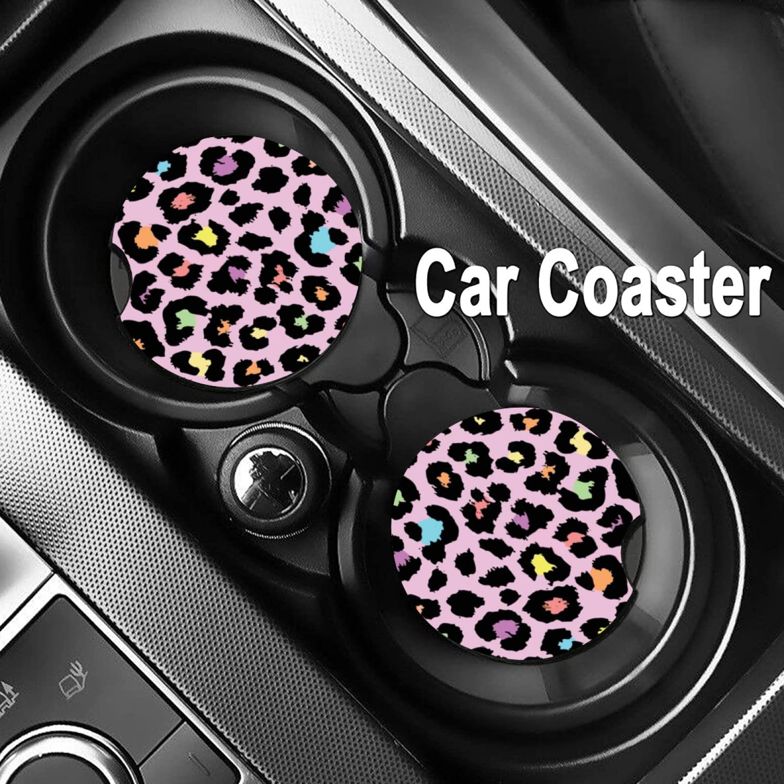 Rainbow Leopard Print Absorbent Car Cup Coasters,Cup Holders,Cork Base Drink Coasters With Finger Notch For Easy Move Of Car Cup