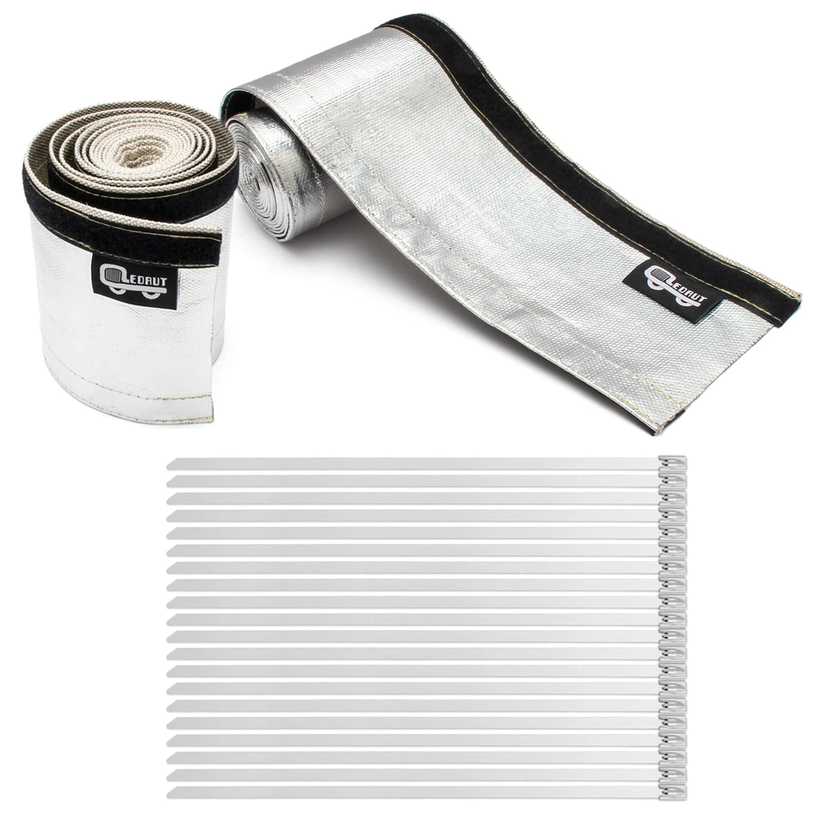 Heat Shroud Sleeve Aluminized 2 Pcs For Ultimate Heat Protection Hose Wire Shield 1-1/2''I.D. X 10Ft, With 20 Pcs 7.8Inch Stainless Steel Cable Metal Zip Ties