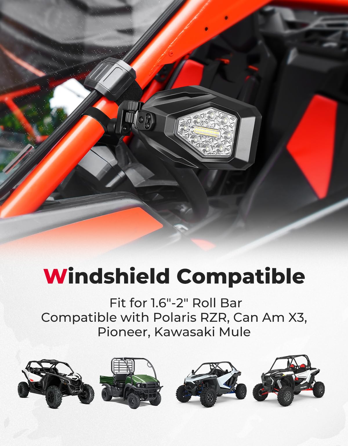 Kemimoto Utv Side Mirrors With Spot Light, Turn Signal Light For 1.6-2 In Roll Bar, Heavy Duty Aluminum Side By Side Utv Mirrors Compatible With Polaris Rzr Can-Am X3 Kawasaki Mule Teryx Pioneer Talon