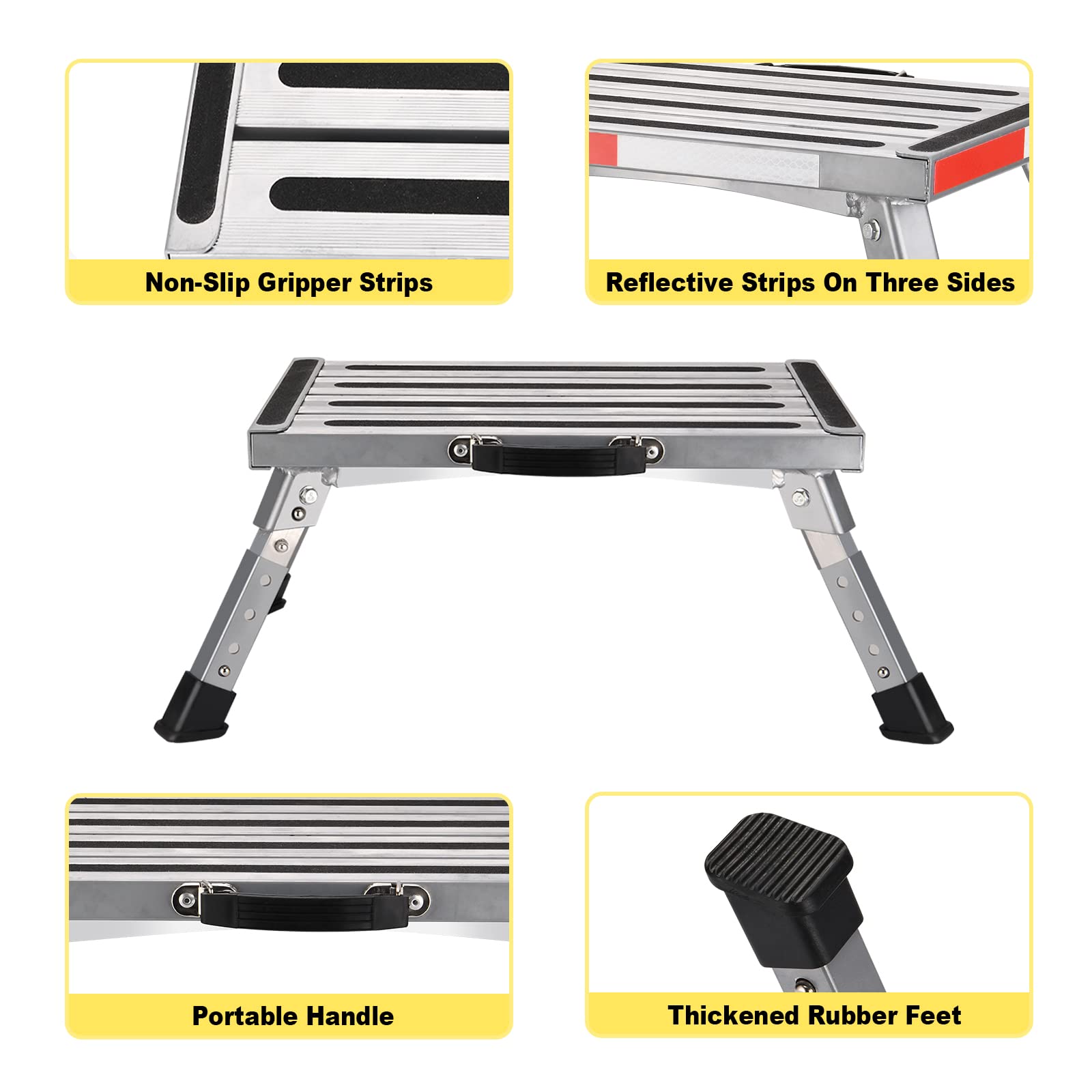 Safety Rv Steps, Yagud Height Adjustable Folding Platform Step With 17 X 12 Anti-Slip Surface, Rubber Feet, Handle, Reflective Strips, And T Level, Aluminum Rv Step Stool Supports Up To 1000Lbs