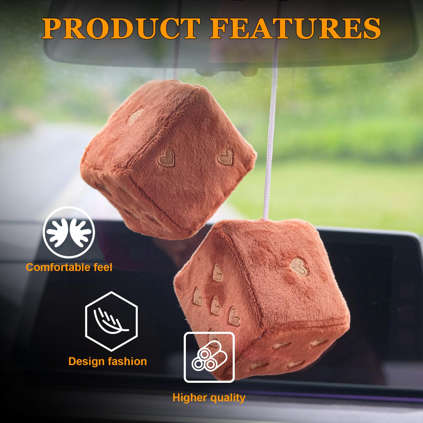 Ziciner Pair Fuzzy Plush Dice for Car Mirror, 3'' Retro Square Dice with Heart-Shape, Auto Rearview Mirror Hanging Ornament Deco
