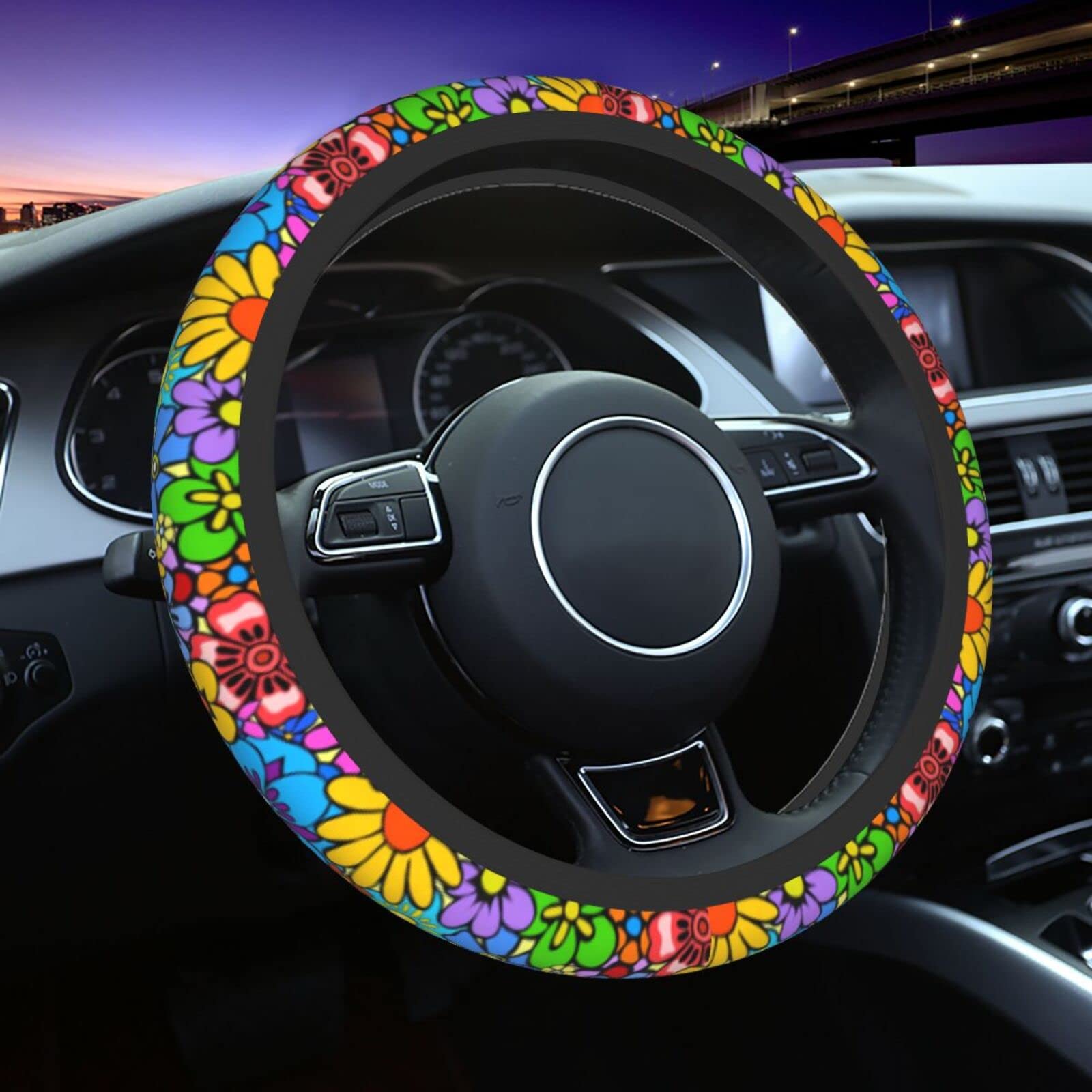 Hippie Flower Steering Wheel Cover Car Accessories Cute For Women Girls Girly Universal 15 Inch Neoprene Auto Interior Decor Ant