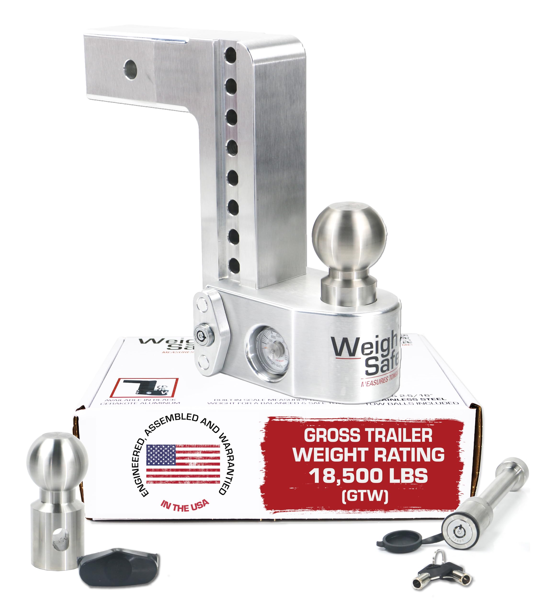 Weigh Safe Adjustable Trailer Hitch Ball Mount - 8'' Drop Hitch For 2.5'' Receiver W/ 2 Pc Keyed Alike Lock Set, Premium Aluminu