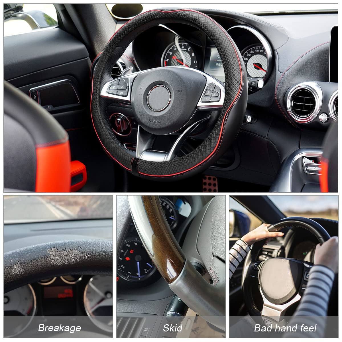 Leather Car Steering Wheel Cover, Car Wheel Cover Protector Soft Breathable Anti Slip, Steering Wheel Covers For Women Men, Univ