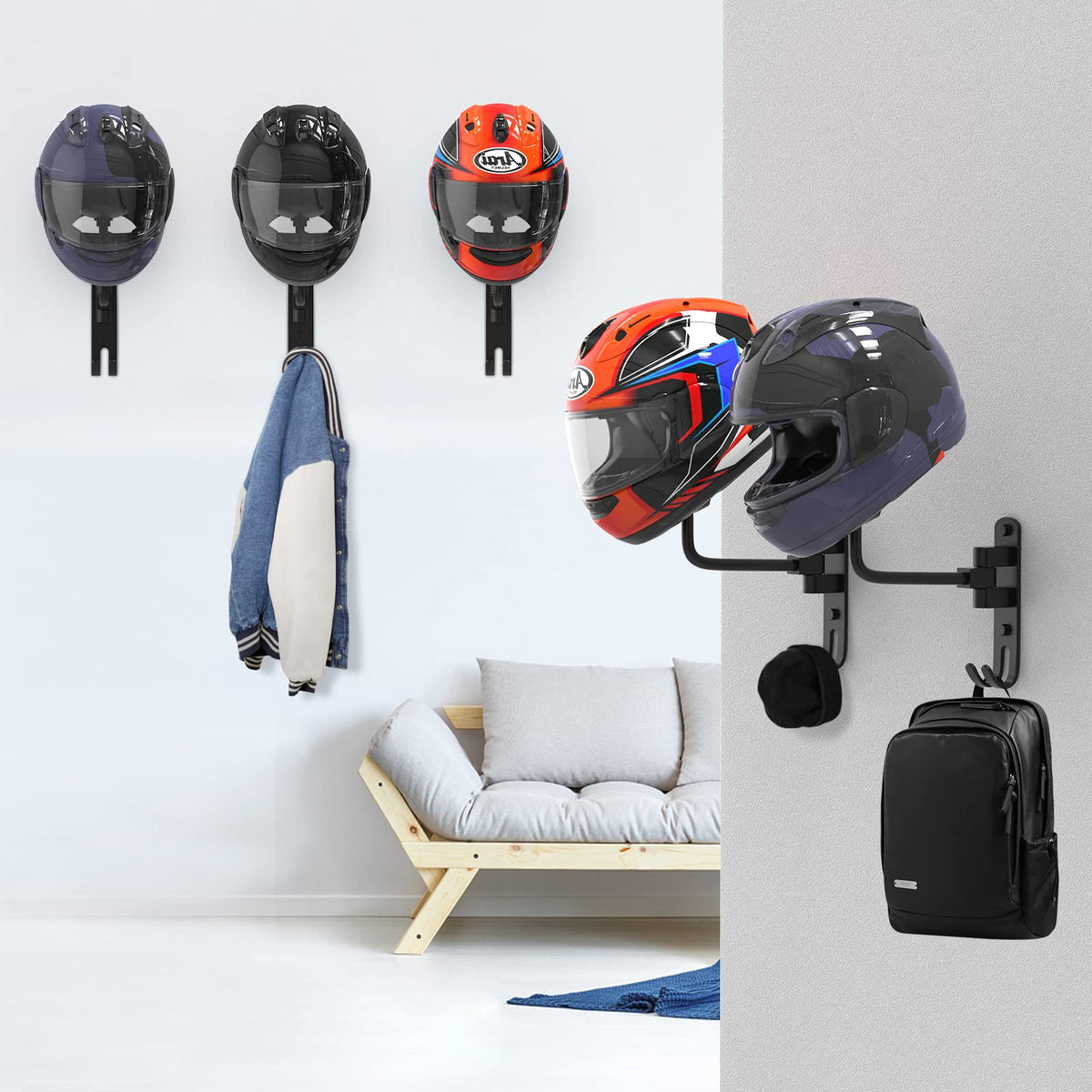 bike helmet wall mount Motorcycle innovative helmet hook design that sits flat against the inside back of your helmet (like your skull) Never worry about your helmet falling Motorcycle Helmet Rack Wall Mount