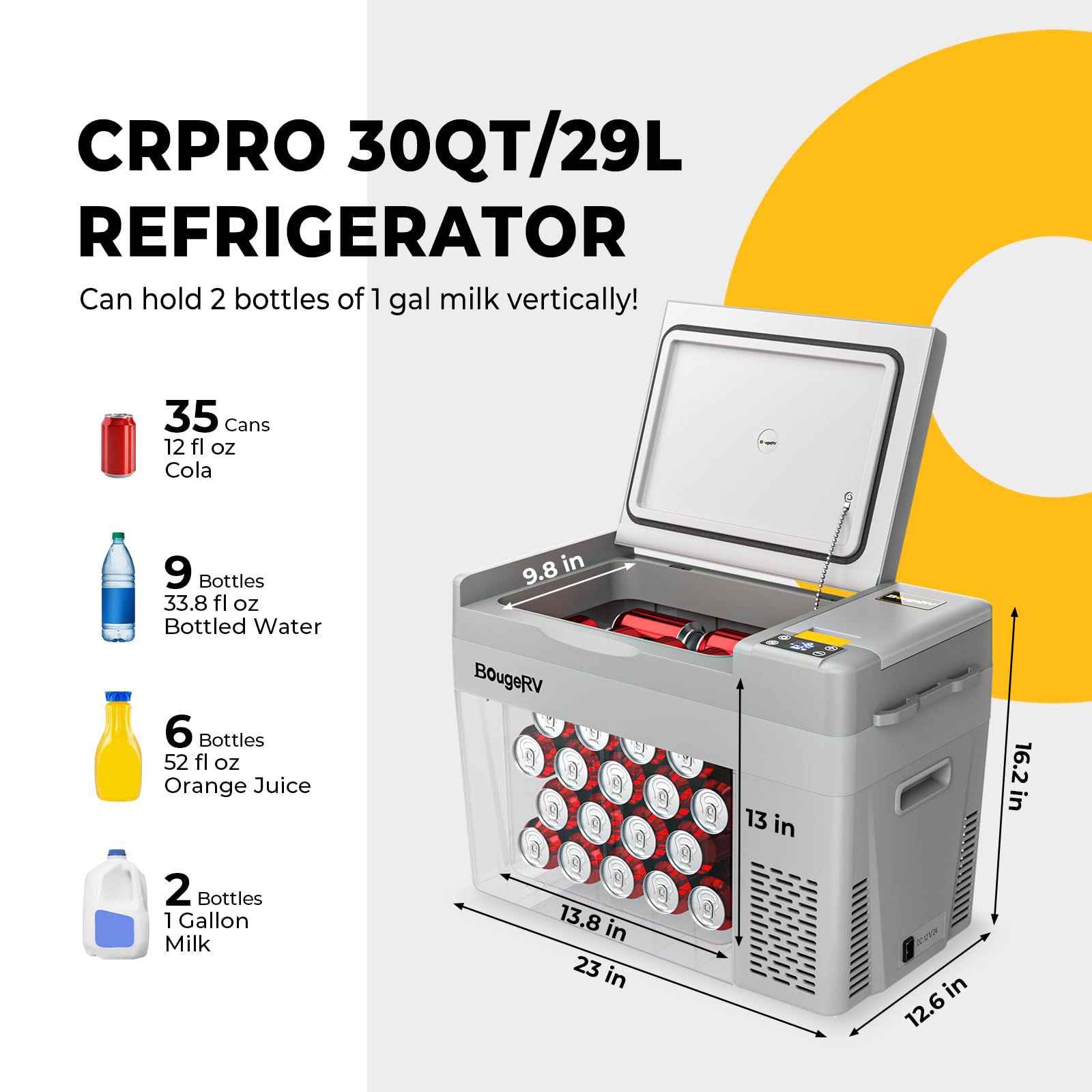 BougeRV 12 Volt Refrigerator, CRPRO 30 Quart 12V Car Fridge, Portable Freezer (-8?~50?), Compressor Electric Cooler with 12V/24