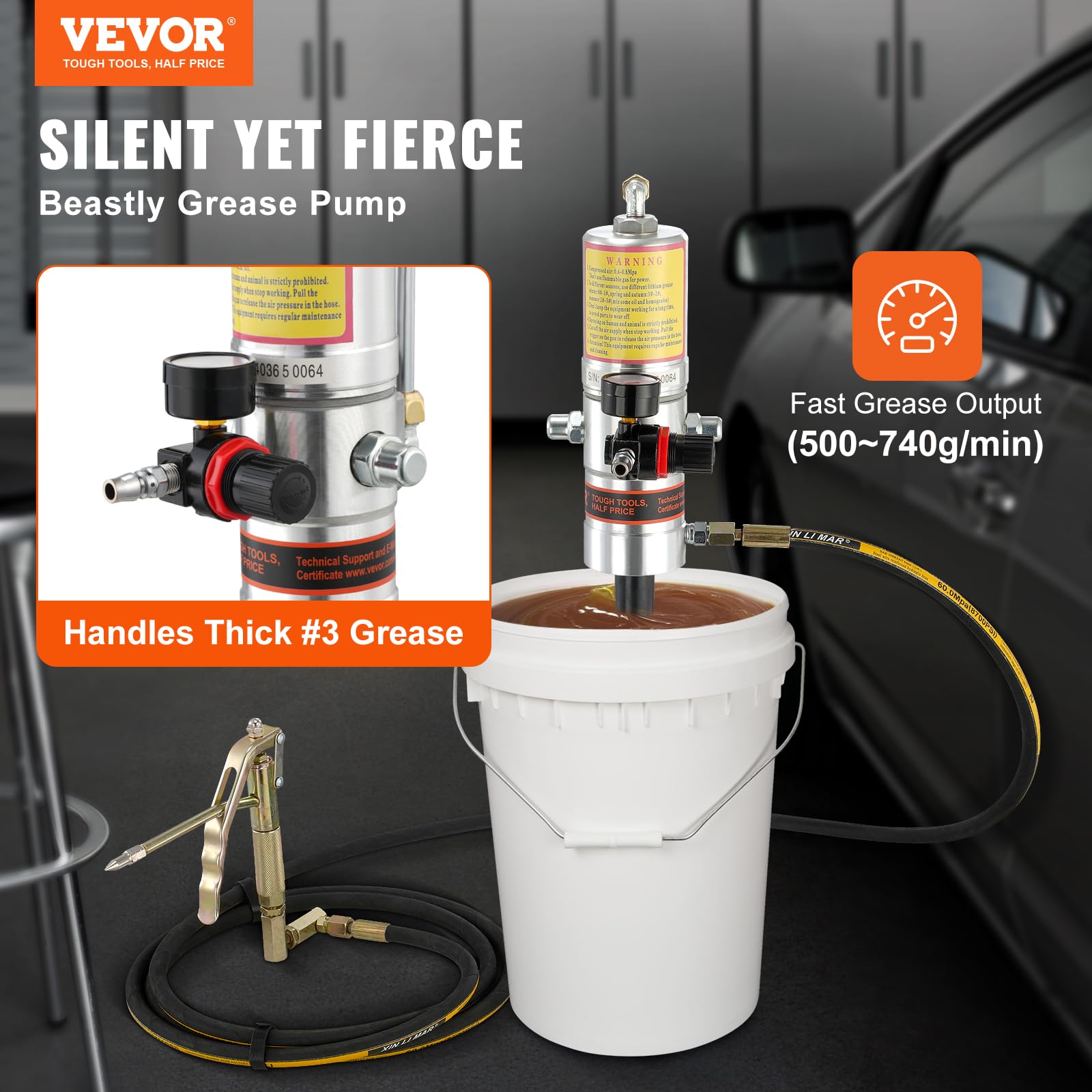 Vevor Grease Pump, Air Grease Pump With 13 Ft High Pressure Hose And Grease Gun, Pneumatic Grease Pump, Portable Lubrication Grease Pump With 360° Swivel Grease Gun Head