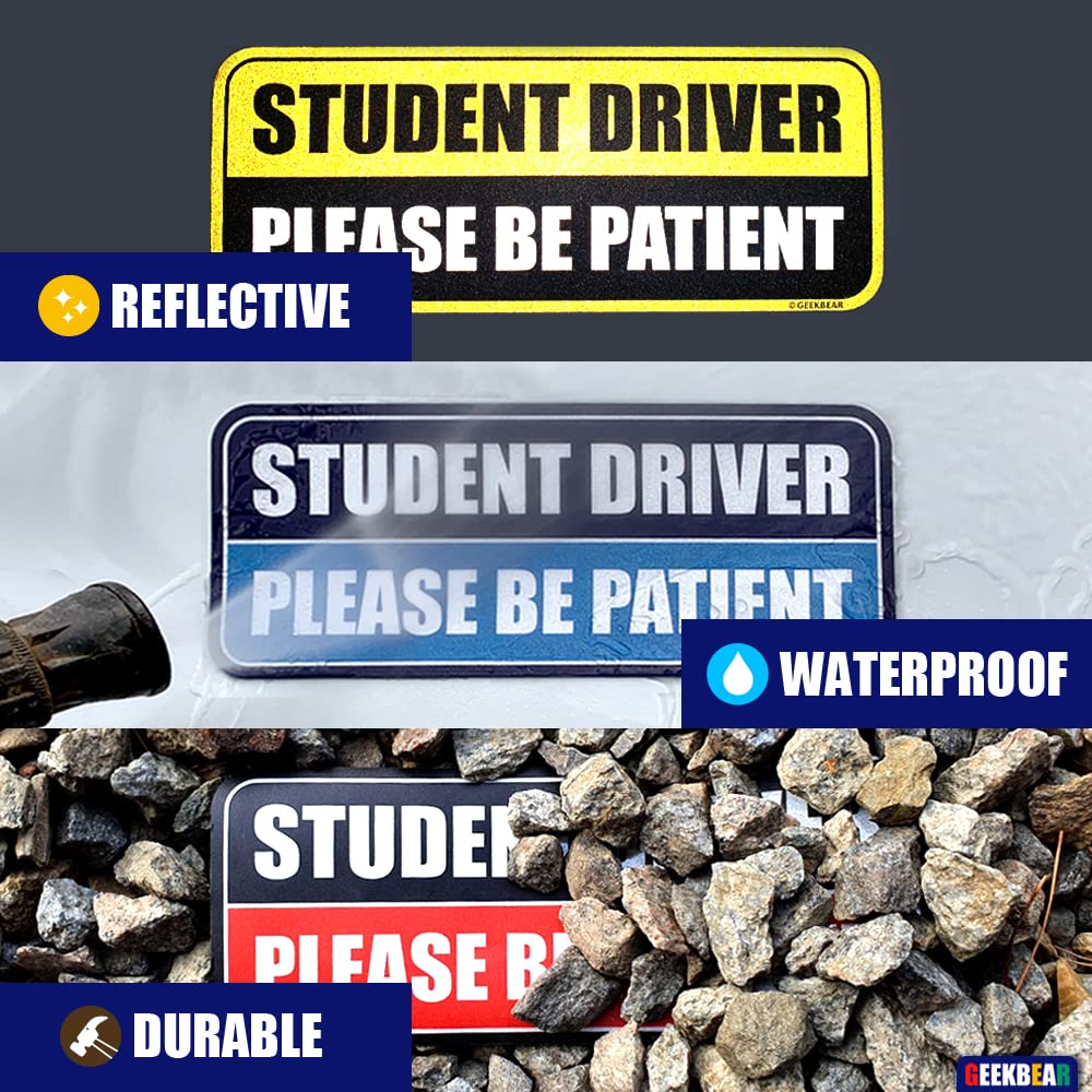 Geekbear New Driver Magnet For Car (Navy/Blue) - Student Driver Car Magnet - Rookie Or Novice Driver Magnet Reflective Bumper Safety Sign - Please Be Patient Warning Vehicle (1 Pack)
