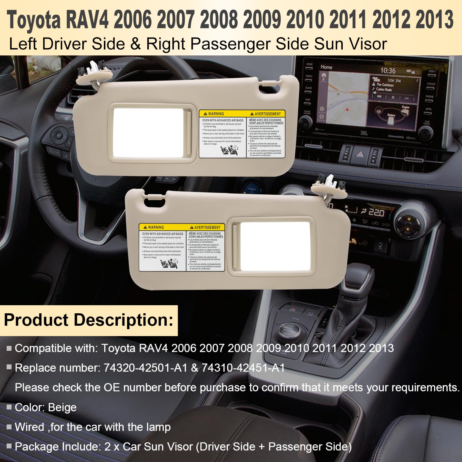 NHILES Right Passenger Side Sun Visor Replacement Compatible with Toyota RAV4 2006 2007 2008 2009 2010 2011 2012 2013 with Light