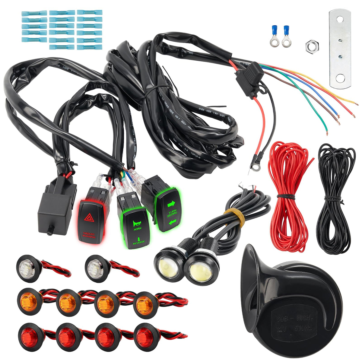 Blogole Pre-Wired Atv Utv Turn Signal Kit, Universal Street Legal Kit With Horn/Reverse/Hazard/Blinker/Turn Light Rocker Switch & Flasher Relay Fuse, Compatible With Most Rov Sxs Golf Cart