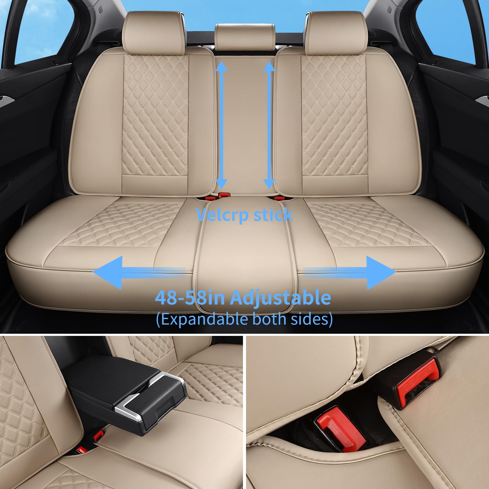 Sxikin Car Seat Covers Full Set Beige, Luxury Faux Leather Car Seat Covers Waterproof Non-Slip Seat Protector Universal Fit For