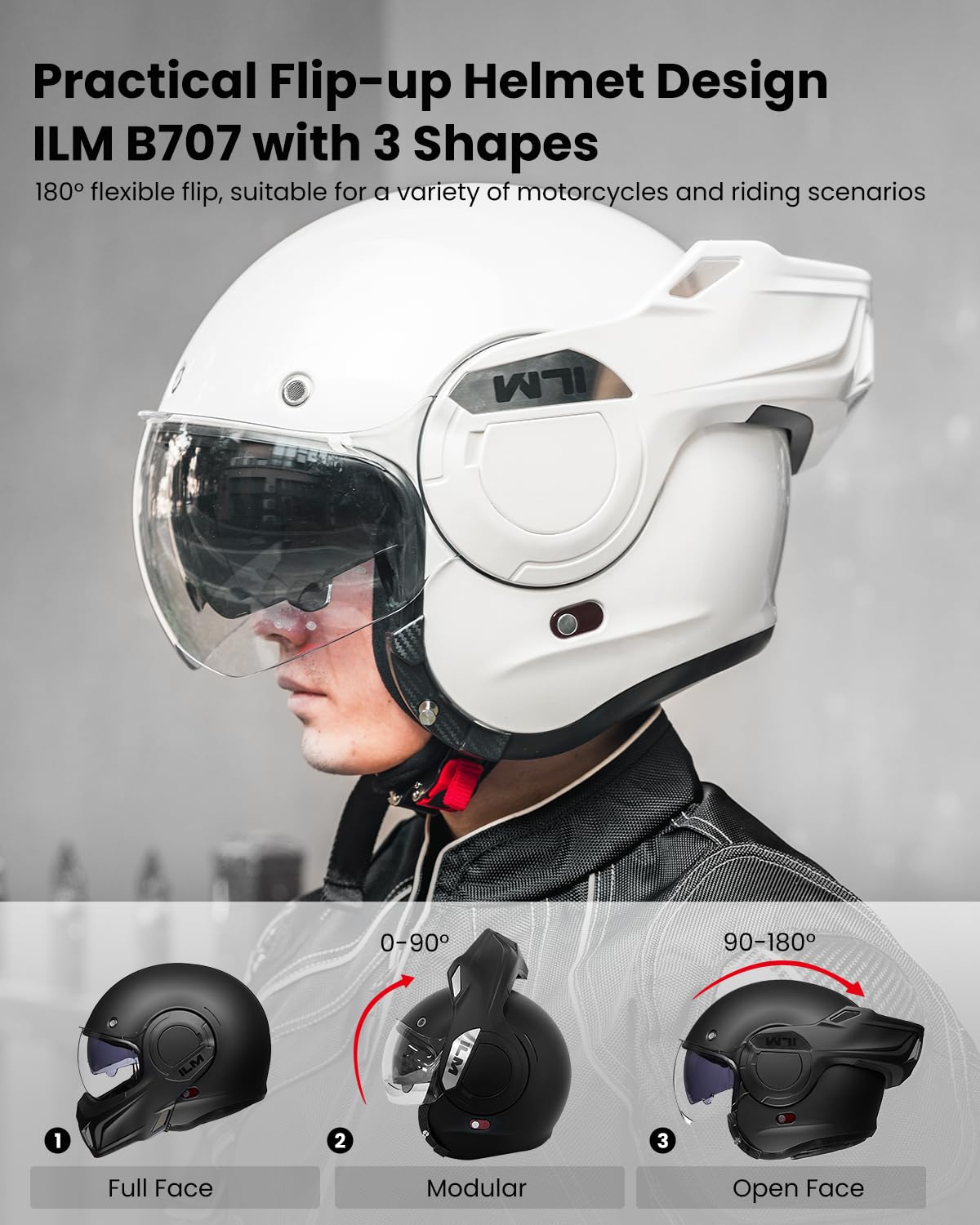 ILM Vintage Full Face Modular Motorcycle Helmet, DOT Model B707, 2XL, White, Acrylonitrile Butadiene Styrene for Men & Adults