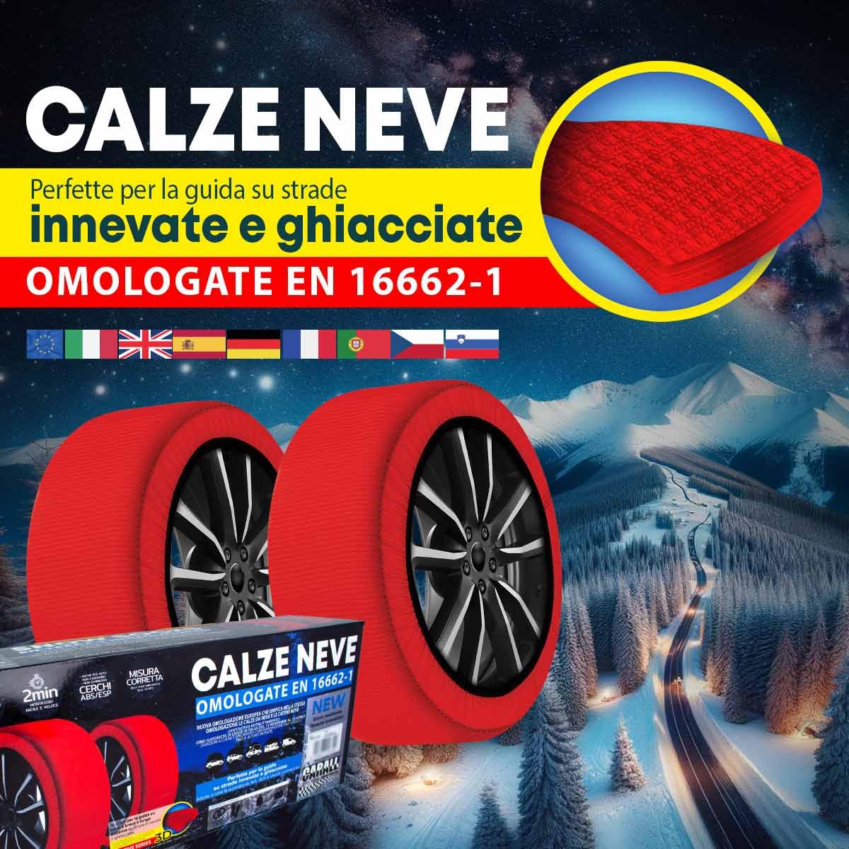Carall Snow Socks For Car, Red Color, Size M, Textile Snow Chains, Easy Assembly In 2 Minutes, Approved En 16662-1 (Red, M)