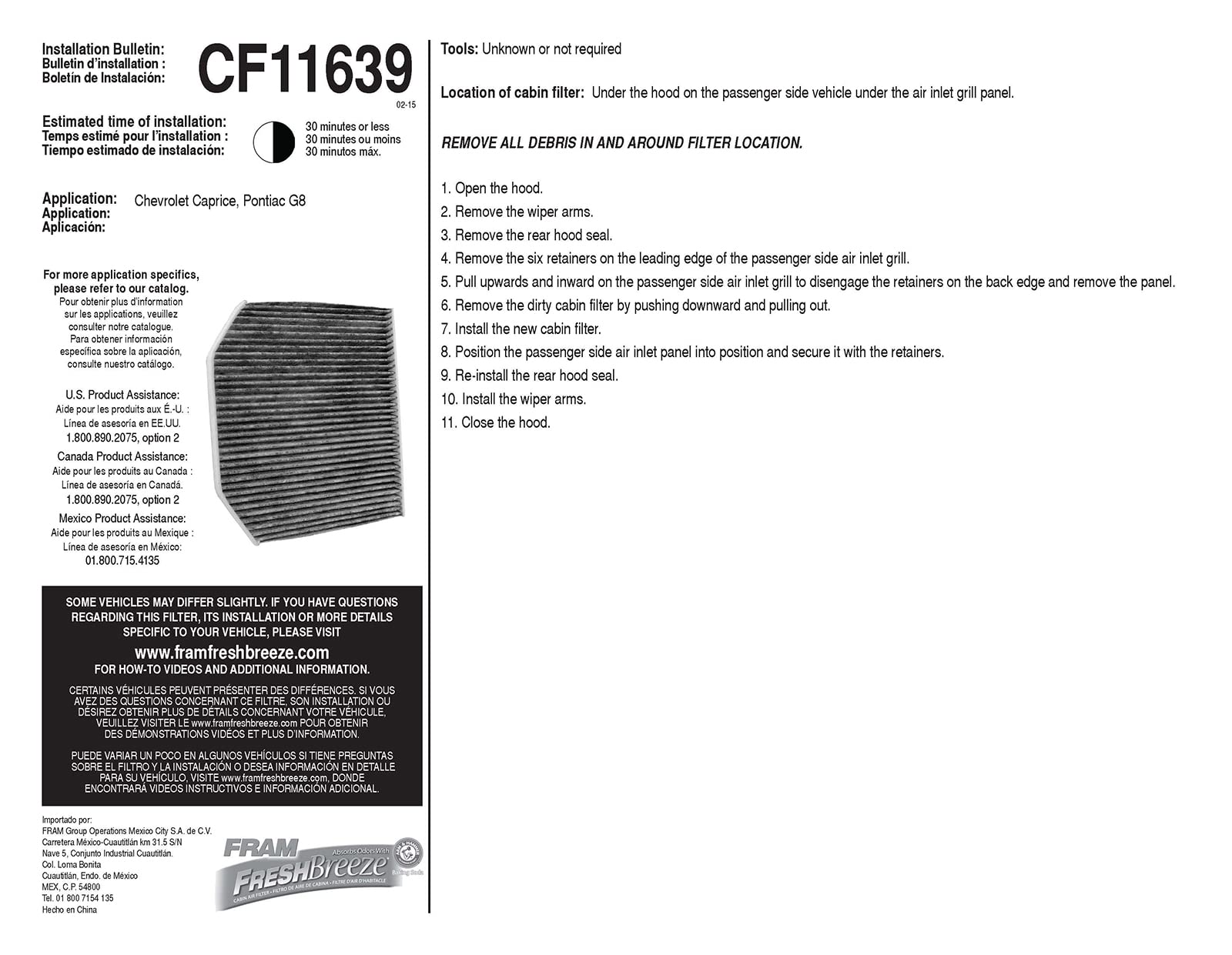 Fram Fresh Breeze Cabin Air Filter With Arm & Hammer Baking Soda, Cf11639 For Select Chevrolet And Pontiac Vehicles , White