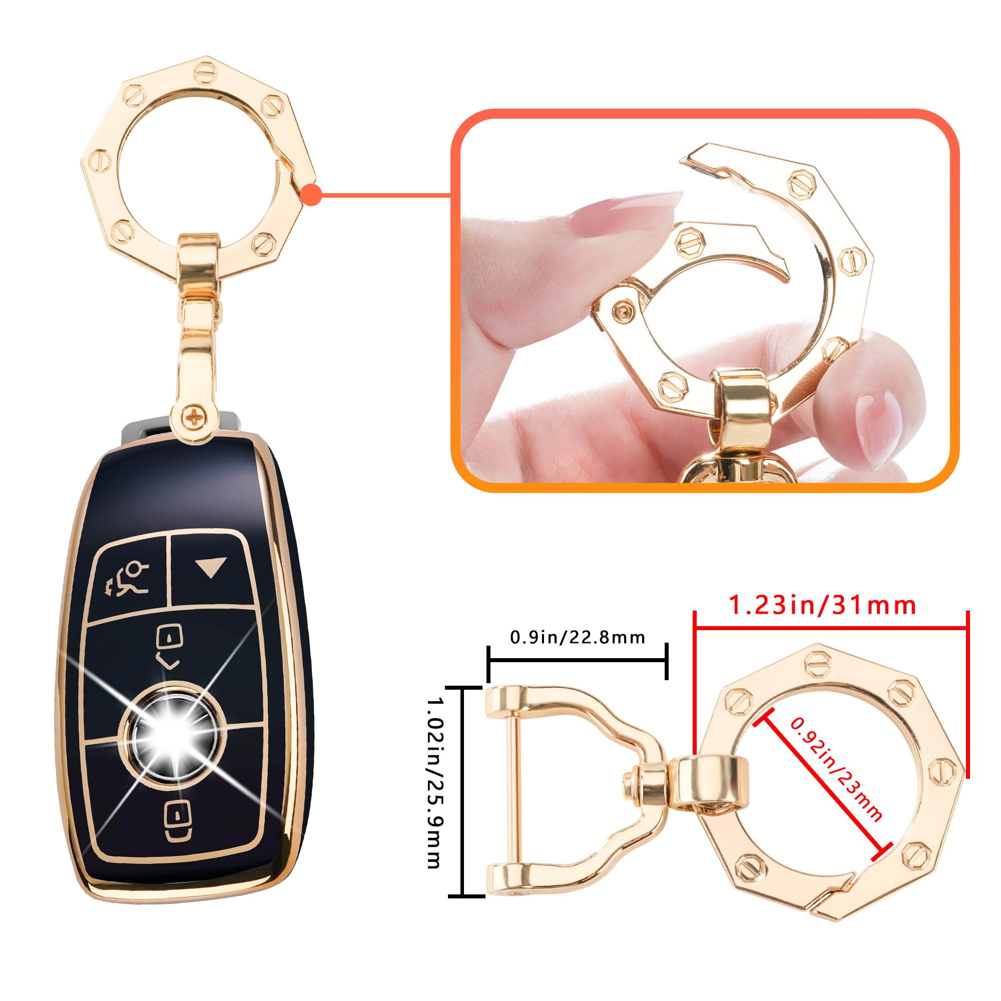 Yhc For Mercedes Benz Key Fob Cover Car Key Case Shell With Gold Keychain Fit E S A C G Class 2017-2024(Black)