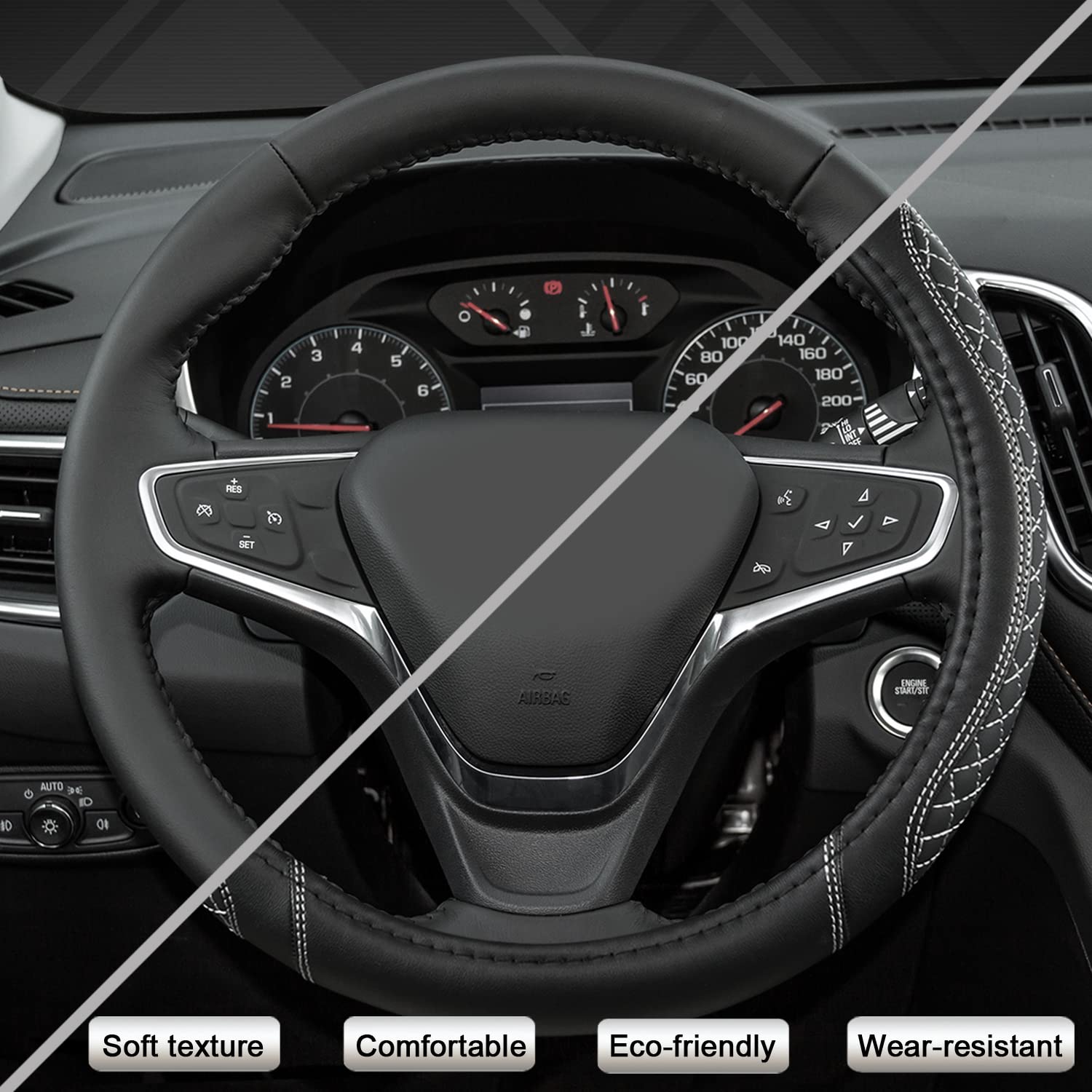 West Llama Auto Steering Wheel Cover - Faux Leather, Standard Size, Diamond Quilted Black+Gray for Chevy Silverado, Tahoe, Equinox