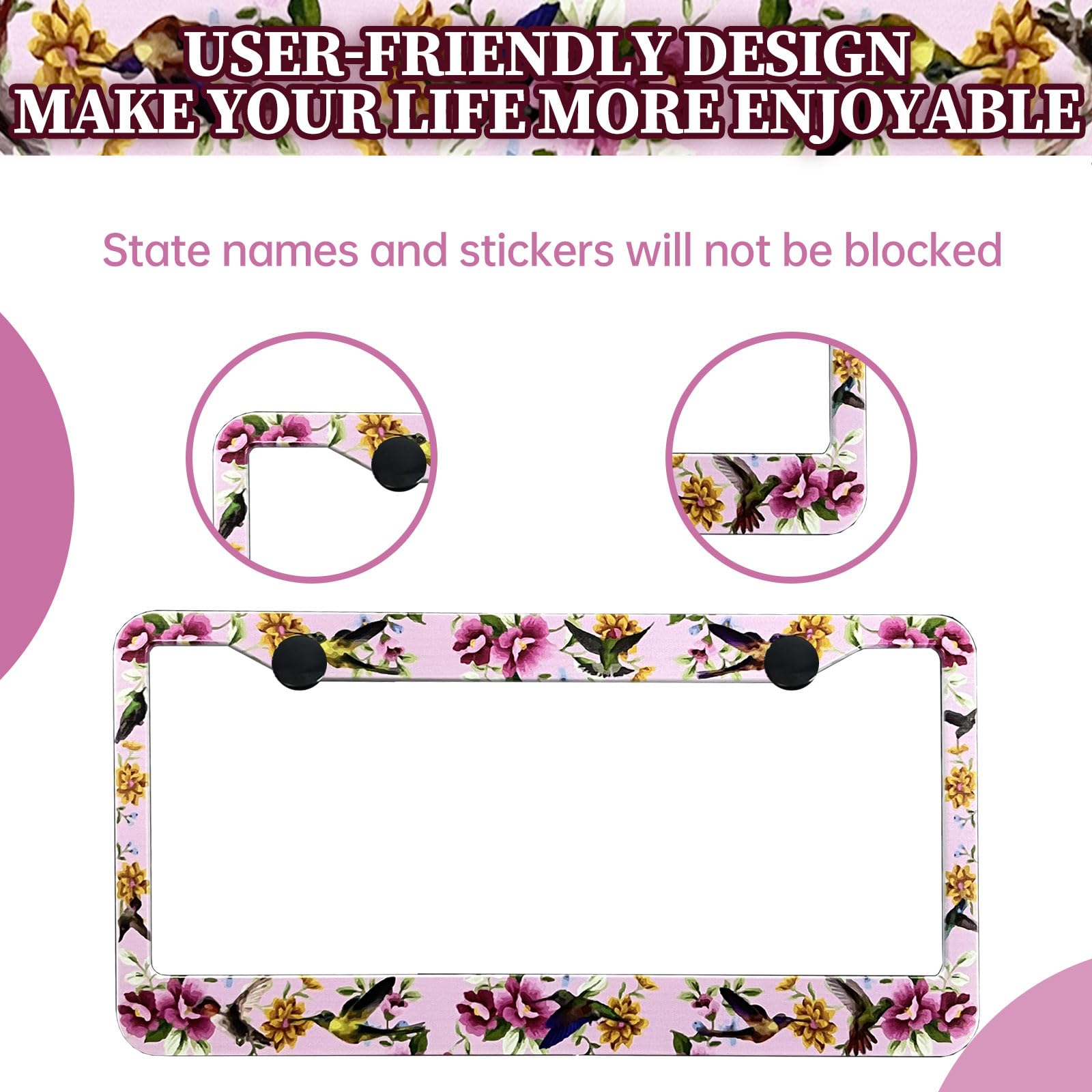 LIN KANG Florals Hummingbird License Plate Frames - 2 Pack Personalise Pink Car Plate Frame Universal Accessories Aluminum Car T