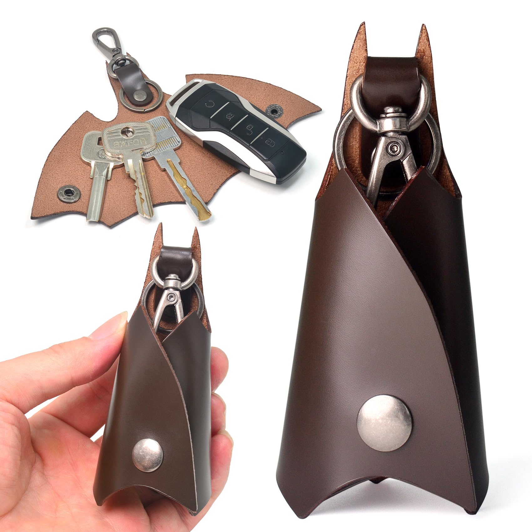 CAILLU KeyChain Leather Bat Shape for men gifts and women Car key fob case,Leather fashion pop keys ring cover holder (Dark brow