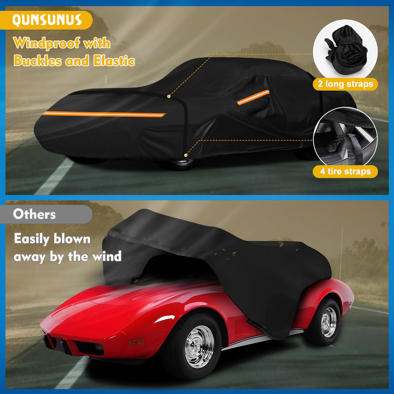 QUNSUNUS 6 Layer Car Cover for C3 Corvette 1968-1982 Waterproof All Weather Windproof for Corvette Car Cover Hail Protection wit