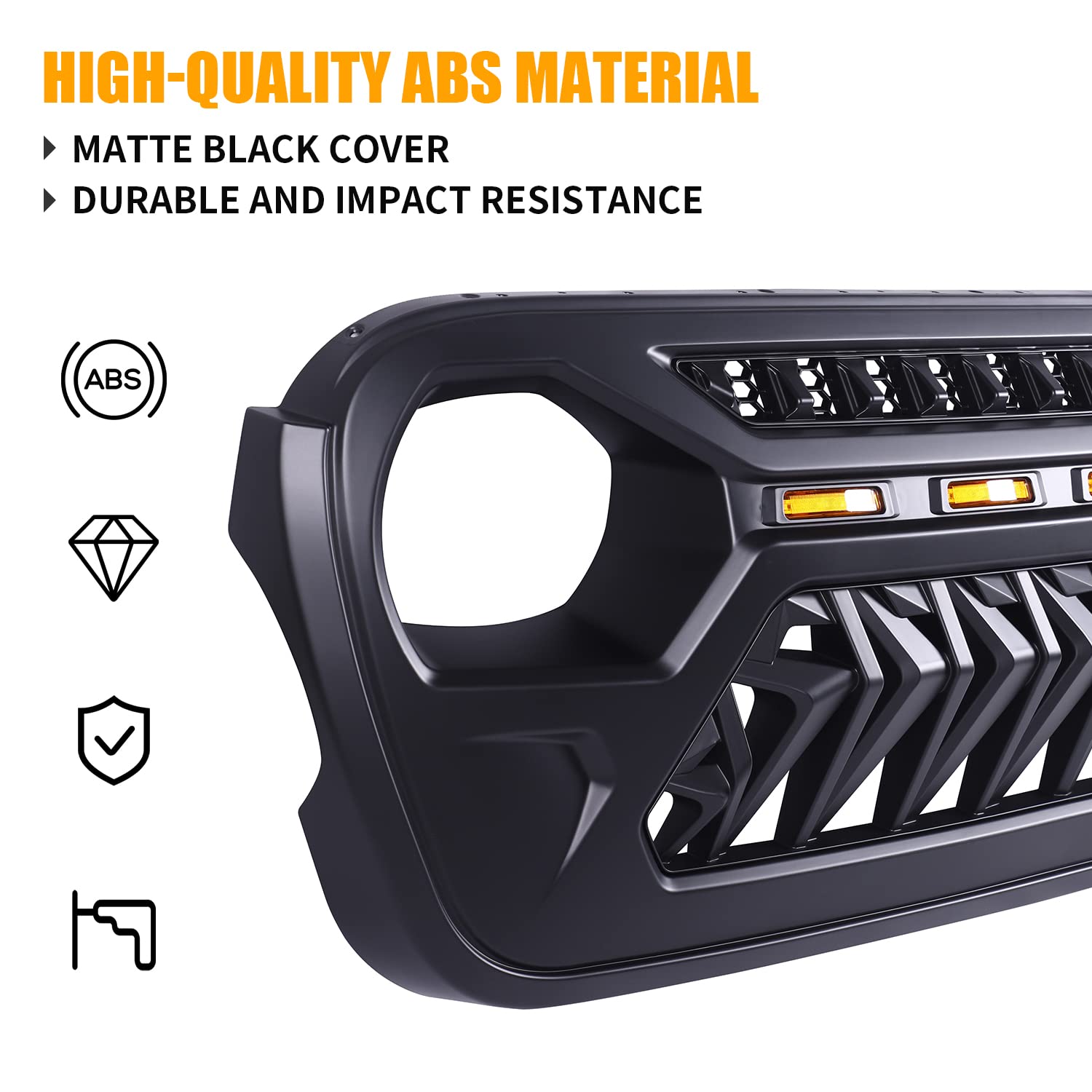 ToxicStorm Mesh Grille Front Grill Cover Matte Black with Amber LED Running Lights for 2018 and Up Jeep Wrangler JL JLU JT Gladi