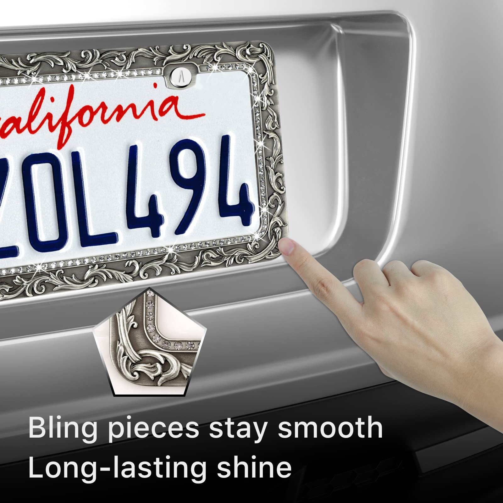 Valor Metal Car License Plate Frames,Antique Old Pattern Printing, Bling Crystal Rhinestones Inlaid,Universal 2 Holes Automotive