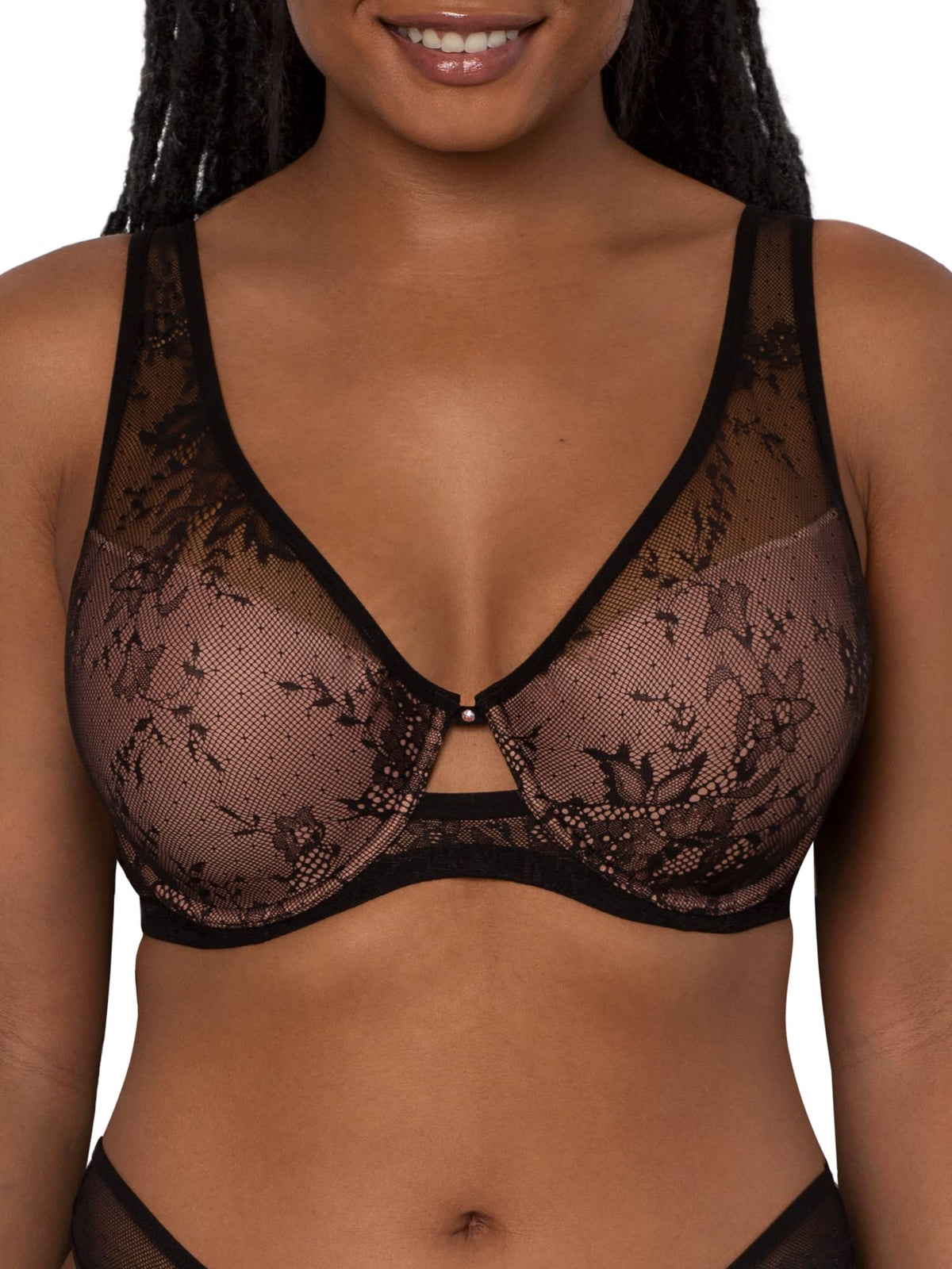 Smart  Sexy Womens Mesh Plunge Bra, Black Hue With Ballet Fever (Smooth Lace), 32D