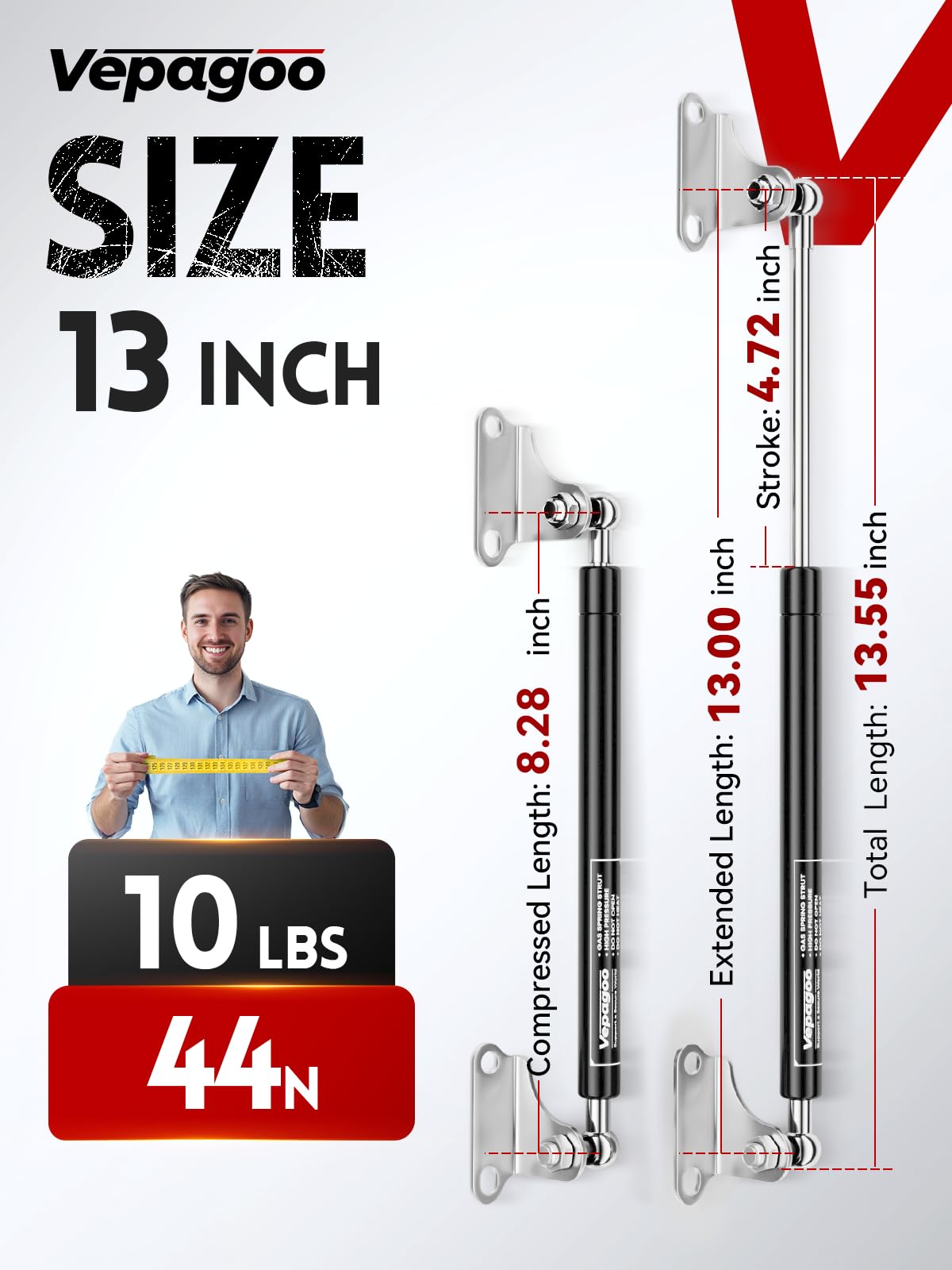 Vepagoo 13 Inch 10Lb/44N Gas Struts Shock With Mounting Brackets, Lift Supports For Toolbox Boat Hatch Cabinet Storage Box Cover