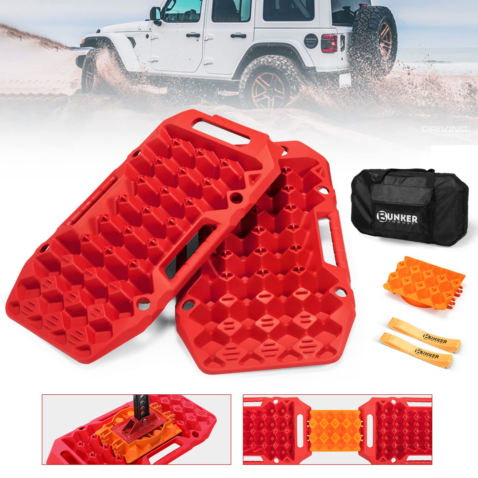 BUNKER INDUST Offroad Traction Boards with Jack Base,Pair Multifunctional Recovery Tracks Tire Traction Mat Snow Mud Sand Ramp-R