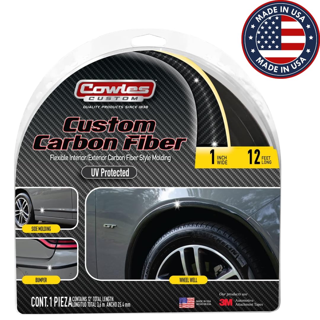 Cowles Custom, 12 Ft Carbon Fiber Style Molding, 1 In Wide Flexible Pvc Attaches With 3M Tape Car/Truck/Suv/Rv Universal Fit Ext