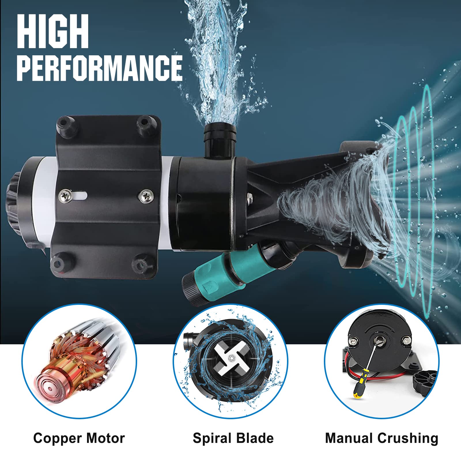 Dc House Rv Macerator Pump 12V 12 Gpm, Portable Waste Water Pump With Garden Hose Discharge Port, Quick Release Sewage Pump For