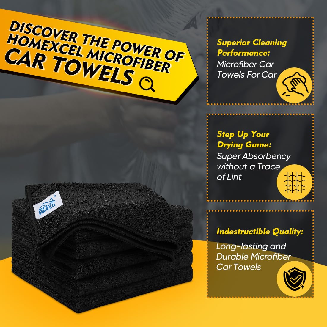 Homexcel Black Microfiber Cleaning Cloth 6 Pack, 12.5 X 12.5 Inch Microfiber Towels For Cars, Ultra Absorbent Car Washing Cloth,