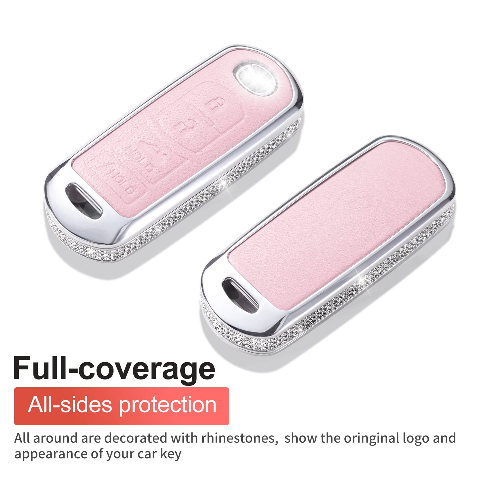 Ruabiban Key Fob Cover Compatible With Mazda, Pink Leather Crystal 360 Degree Protection Key Shell Case For Mazda 3 6 8 Miata Mx-5 Cx-3 Cx-5 Cx-7 Cx-9