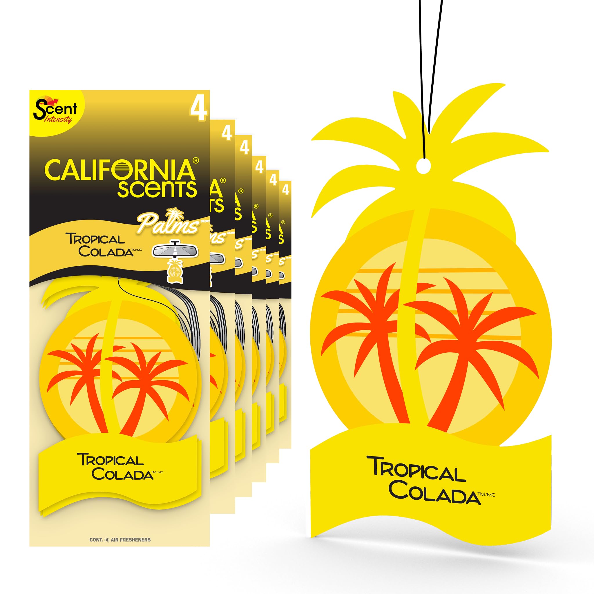 California Scents Palms Air Freshener, Tropical Colada, 6 Count (Pack of 4), Yellow Hanging Odor Eliminator, 24 Fresheners Total