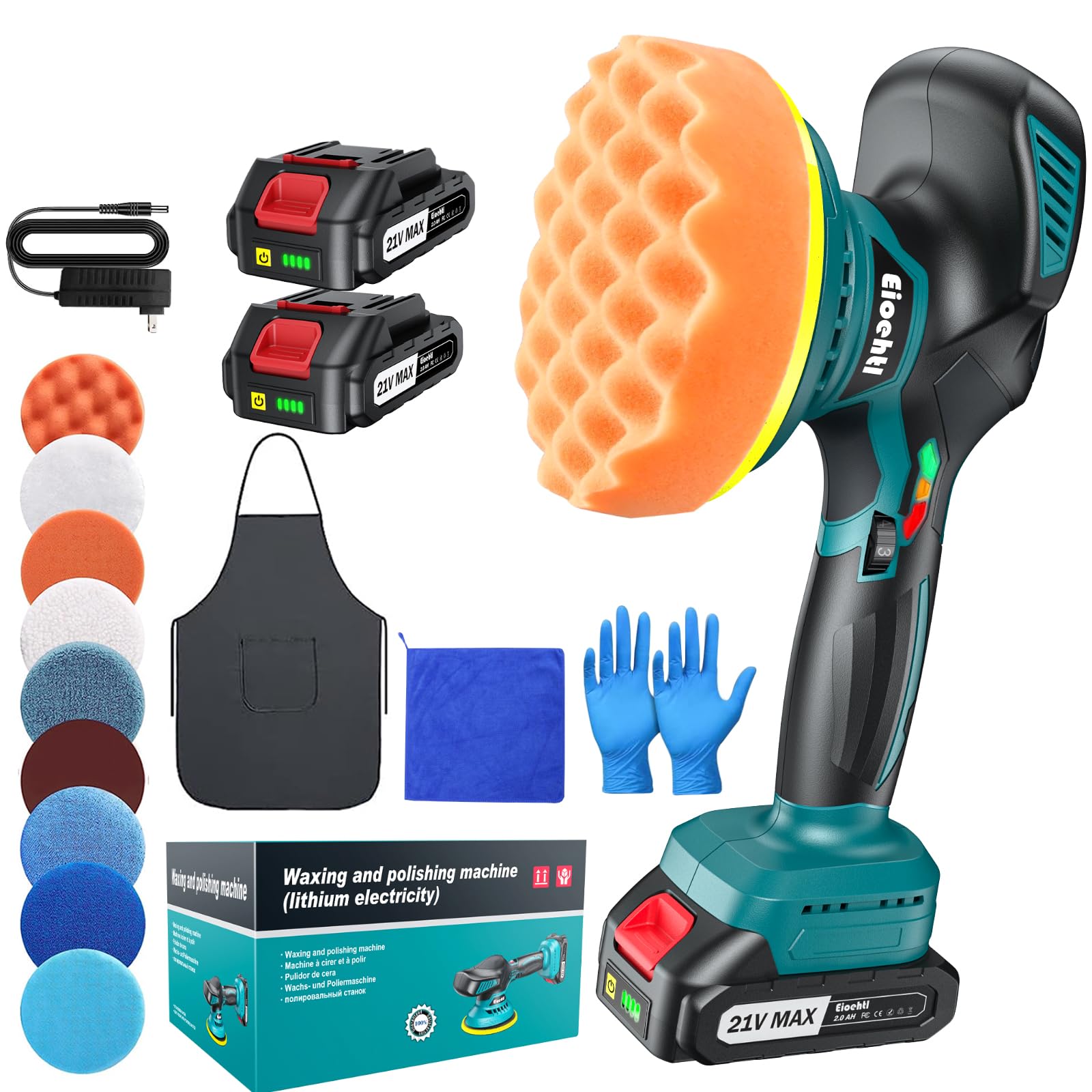 Eioehtl Cordless Buffer Polisher - 6 inch Car Polisher with 2pcs 21V 2000mAh Lithium Battery and 13 PCS Attachments, Car Buffer 