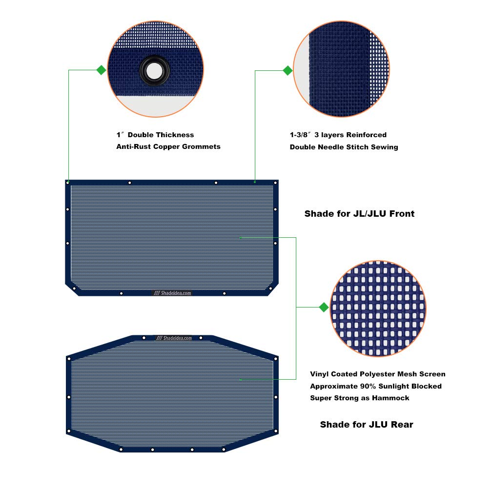 Shadeidea Sun Shade Top For Jeep Wrangler Sunshade Top Jl Unlimited (2018-2023) 4 Door Front And Rear 2 Piece-Navy Blue Mesh Scr
