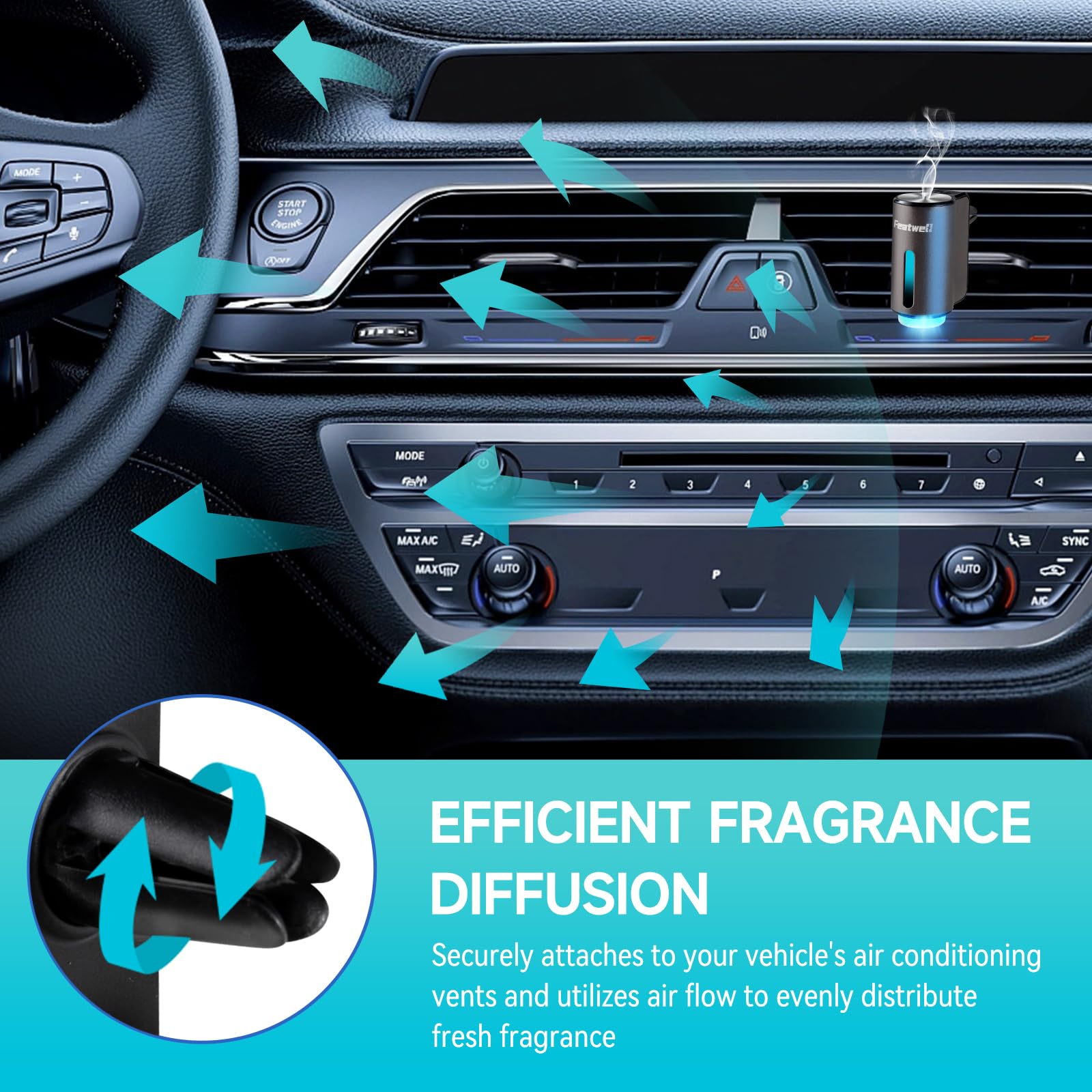 Featwell Car Air Freshener, Three Adjustable Modes Intelligent Aroma Diffuser, Rechargeable Car Diffuser Air Freshener, Grey