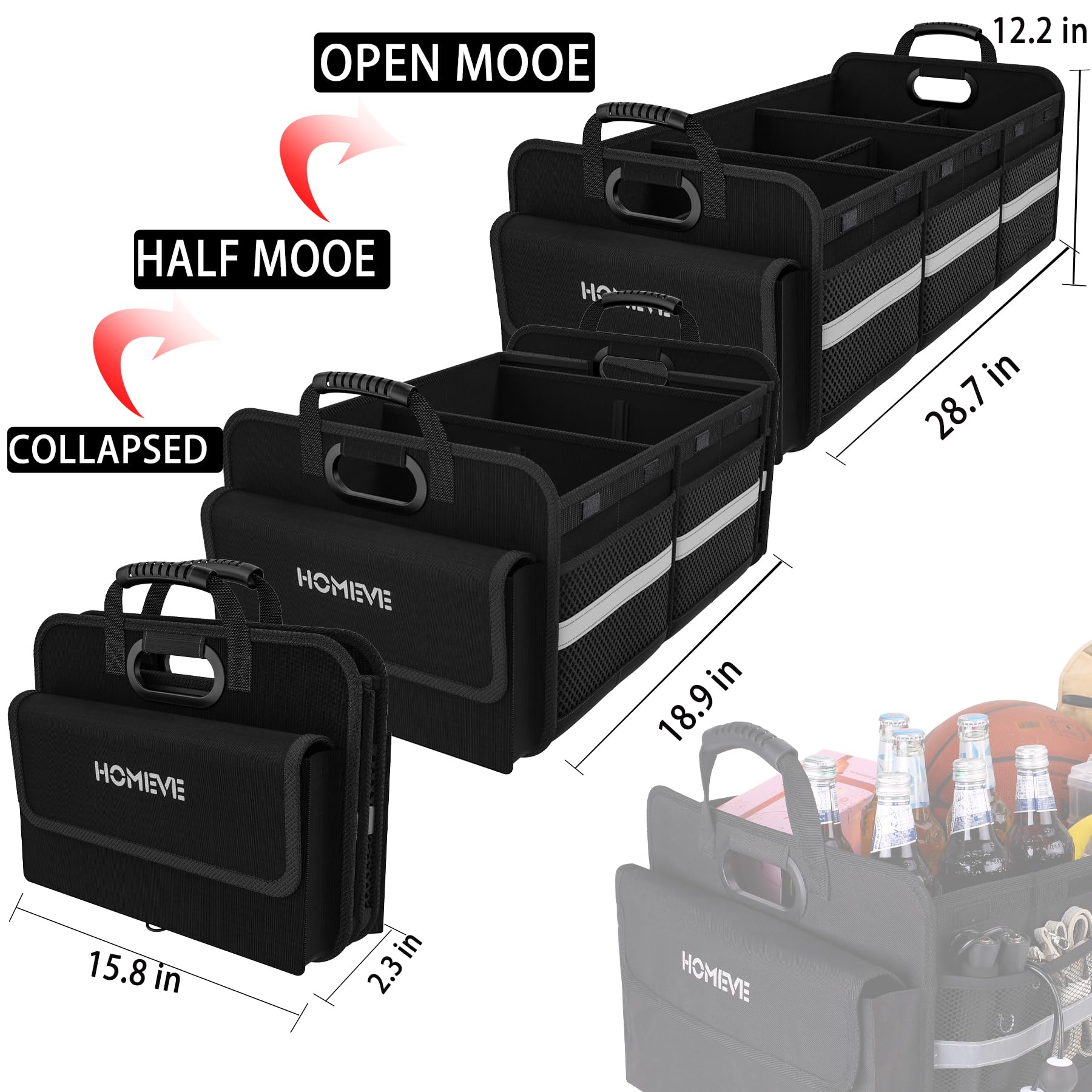 Homeve Trunk Organizer For Car, Collapsible Storage Box, Car Storage Organizer, 6 Compartment, Multi Pockets, Non Slip Strips, 2