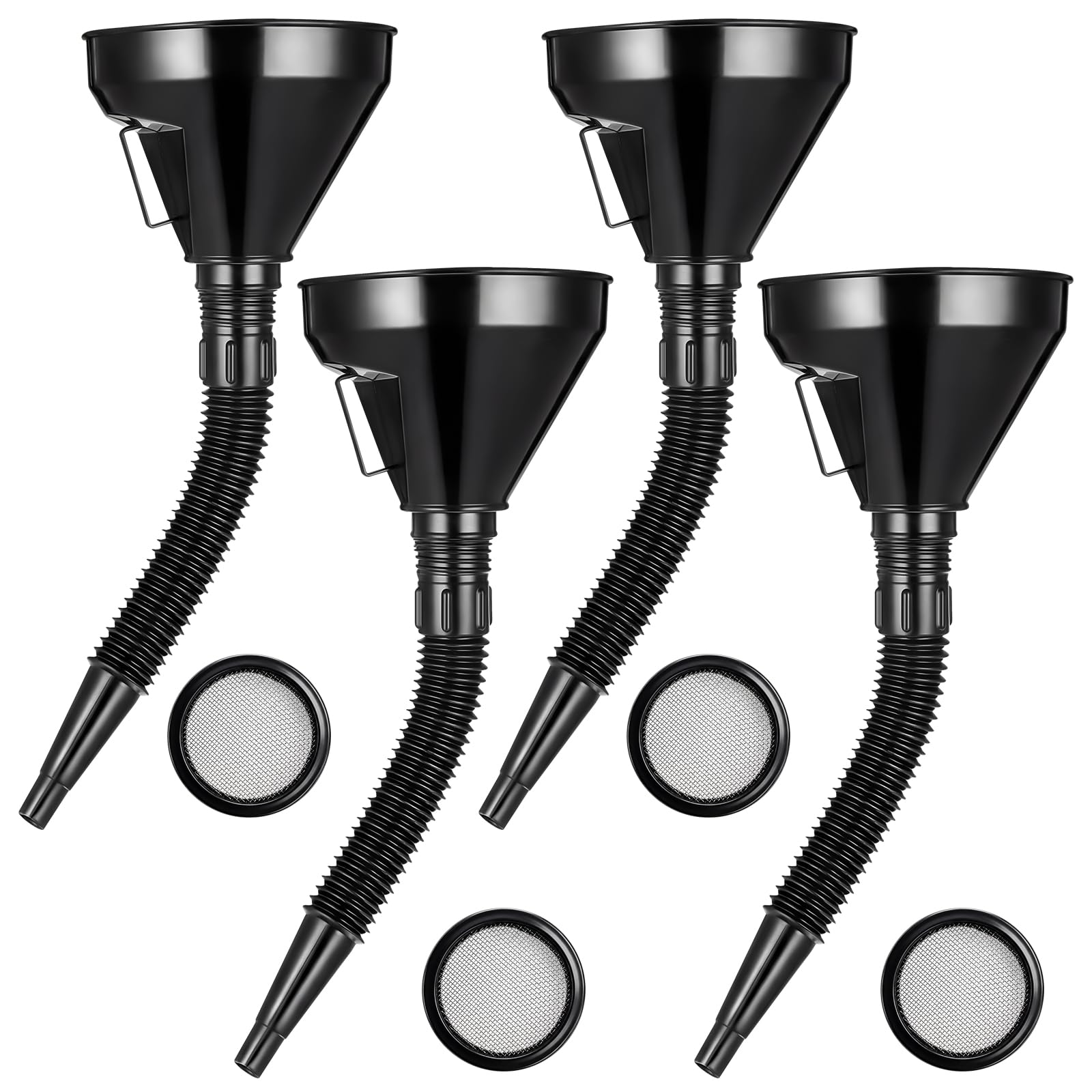 BBTO 4 Pcs Wide Mouth Oil Funnel with Flexible Extension Nozzle Hose with Handle Mesh Screen Filter Automotive Flex Funnel Filte