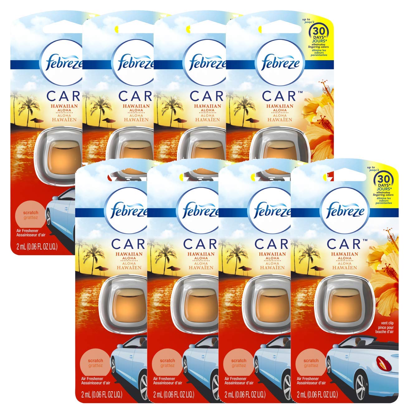 Febreze Odor Clear Car Vent Air Freshener Clip, Hawaiian Aloha 0.06 Fl.Oz - 8 Pack