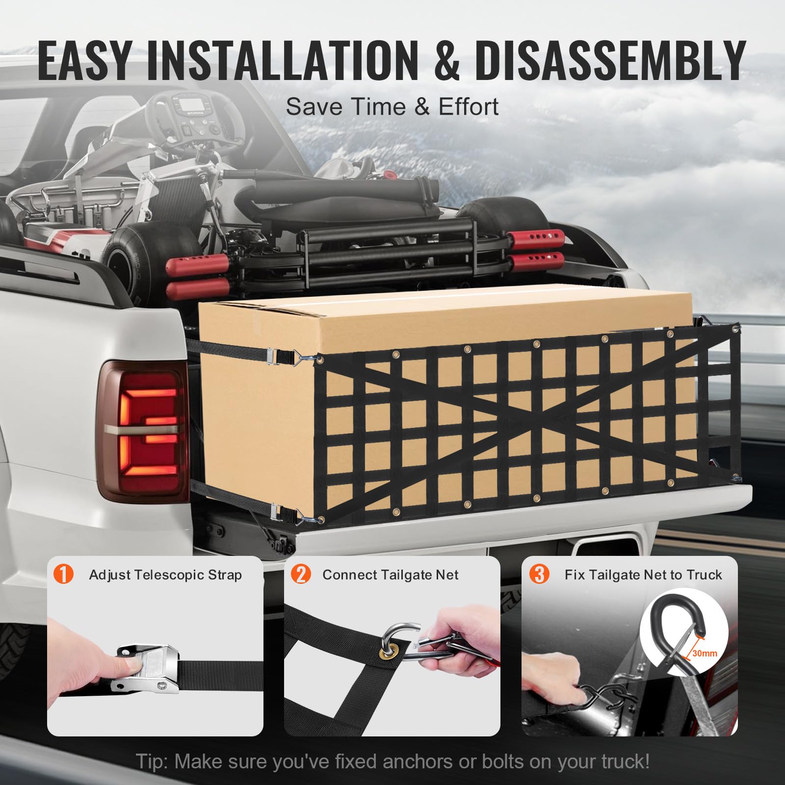 VEVOR Tailgate Net for Truck Bed, 54 in x 18 in, Cargo Net Durable with 4 Adjustable Buckle Straps, Cross-Reinforced Design, Ext