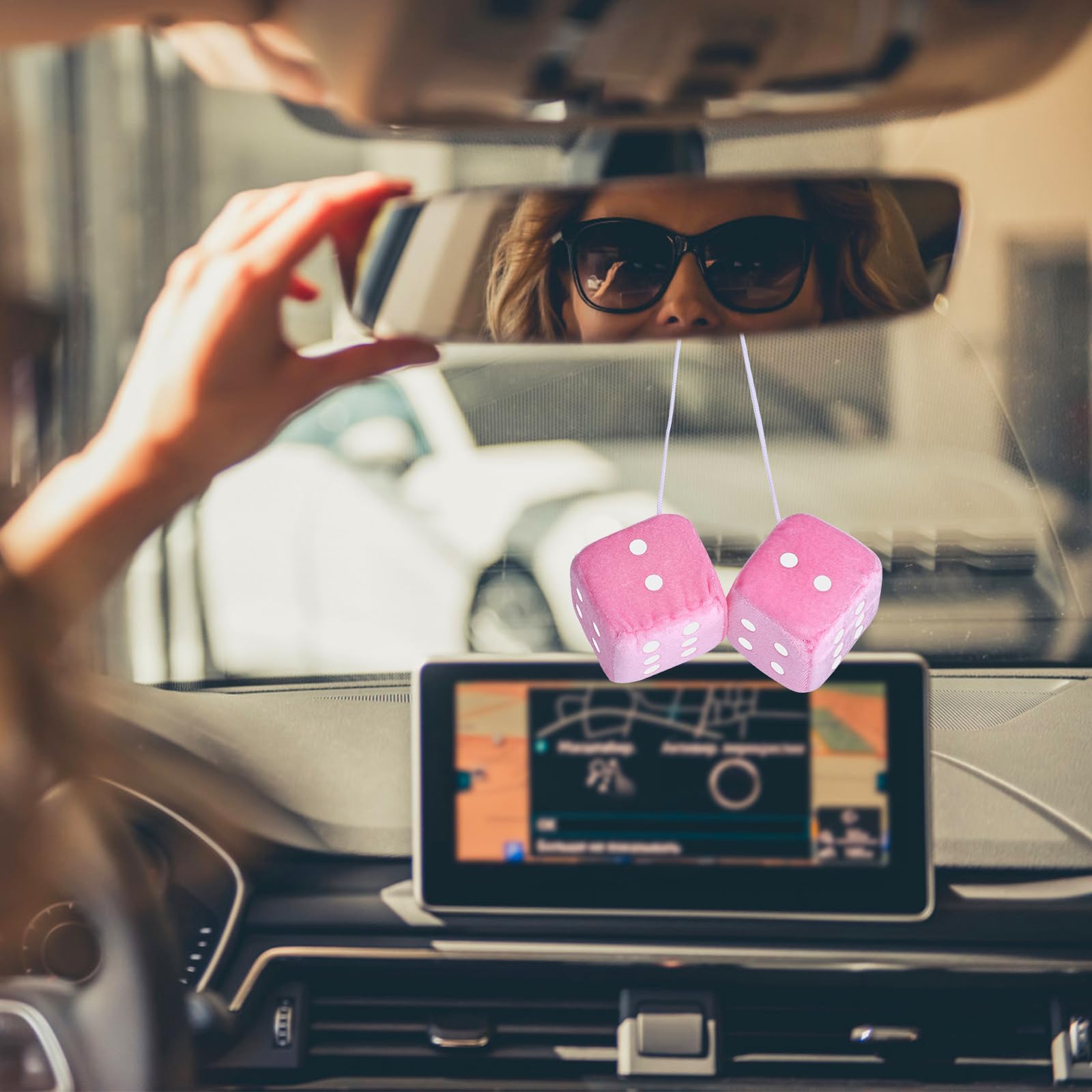 Fuzzy Dice For Rear View Mirror, Pink Fuzzy Dice For Car Mirror, 2.75Inch Pair Of Plush Retro Square Hanging Dice With White Dot