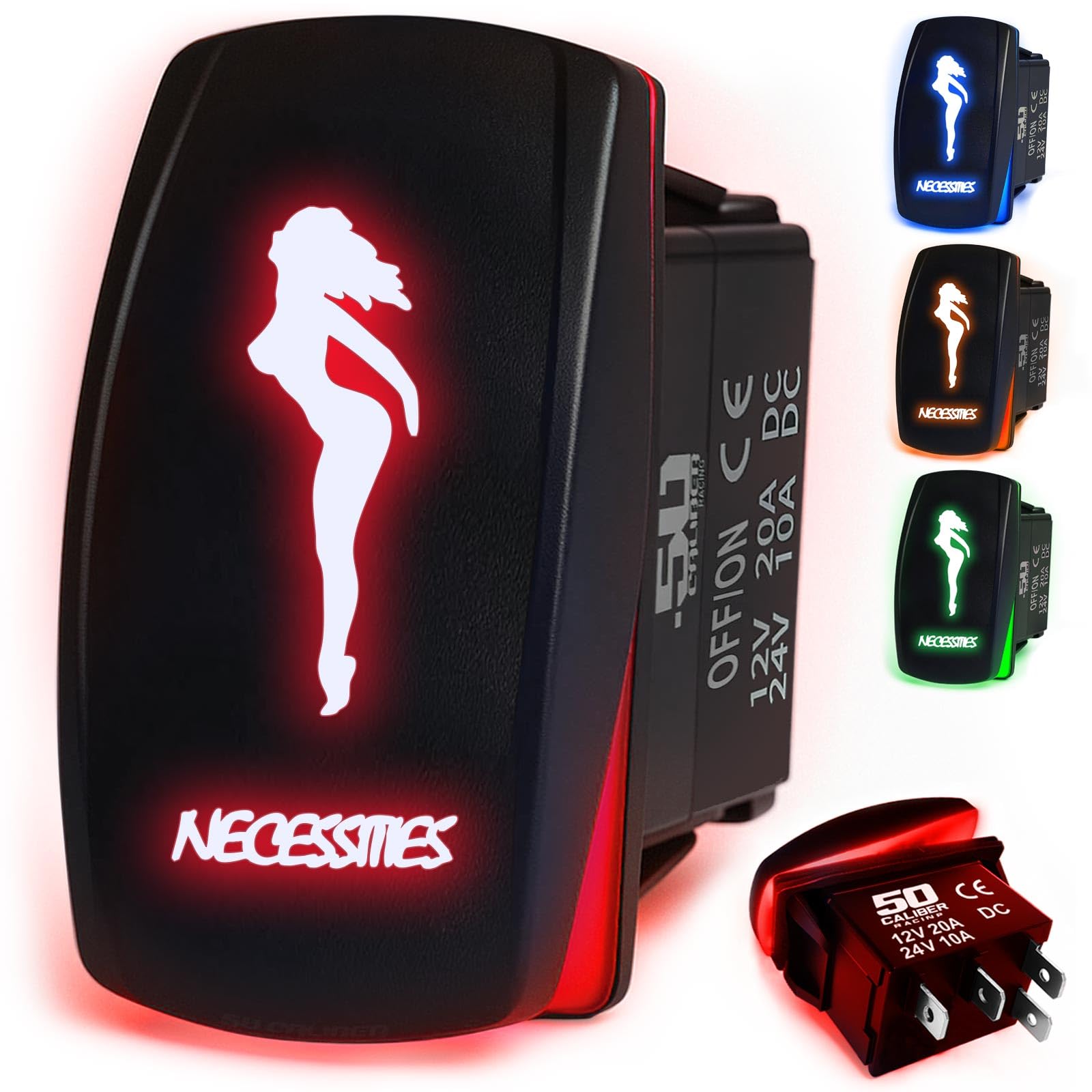 50 Caliber Racing Rocker Switch On/Off Led Backlit -Necessities- Utv, Auto, Boat 20A 12V (Red)