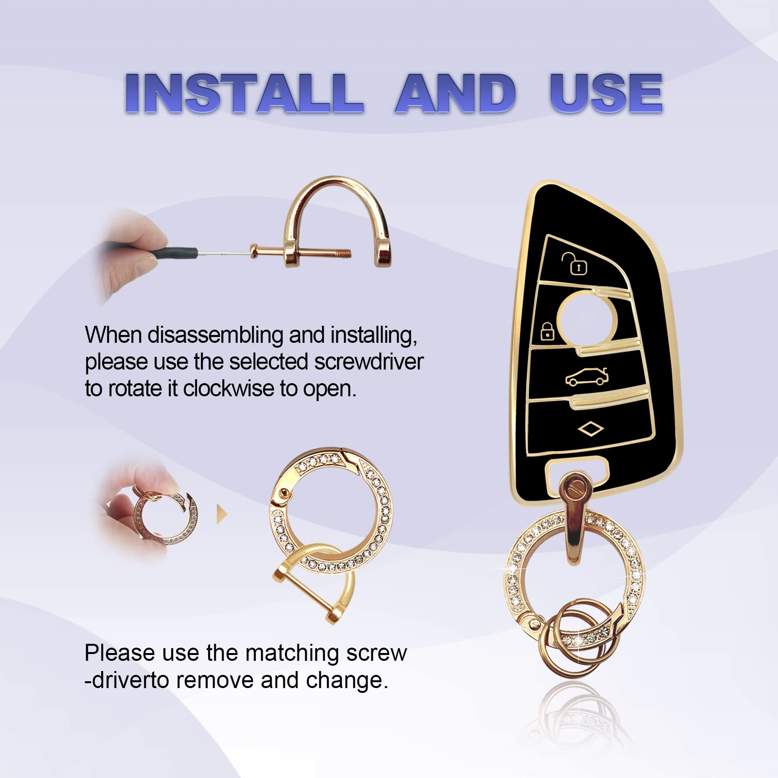 Soft TPU Key Fob Cover Case Shell Protector Car Key with Bling Keychain for Accessories Key Cover Compatible with BMW 2 5 6 7 Se