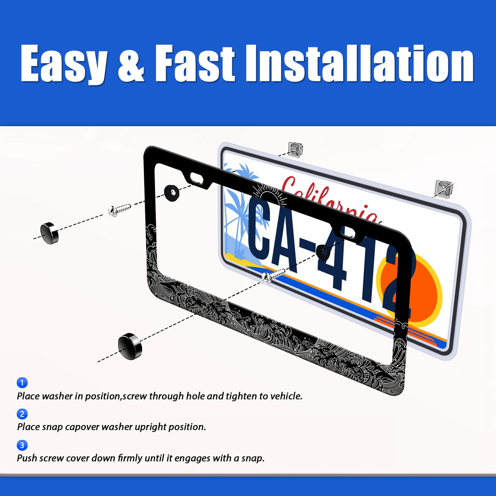 Abstract Ocean Waves License Plate Frames Big Sun Traditional Wave License Plate Holder for Car Decor Parts Stainless Steel Lice