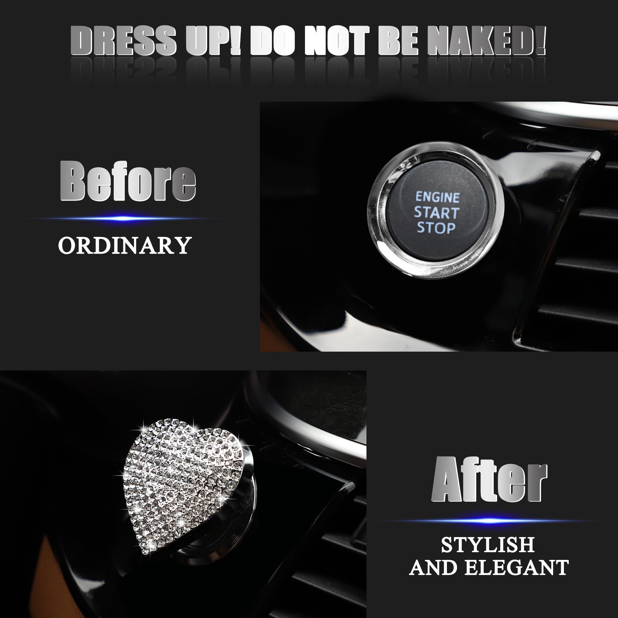 Tomall Bling Car Engine Start Button Cover Diamond Interior Crystal Push Start Button Ring Cap Sparkly Accessories Heart Bling Ignition Button Rhinestone Emblem Trim Universal For Car (White)