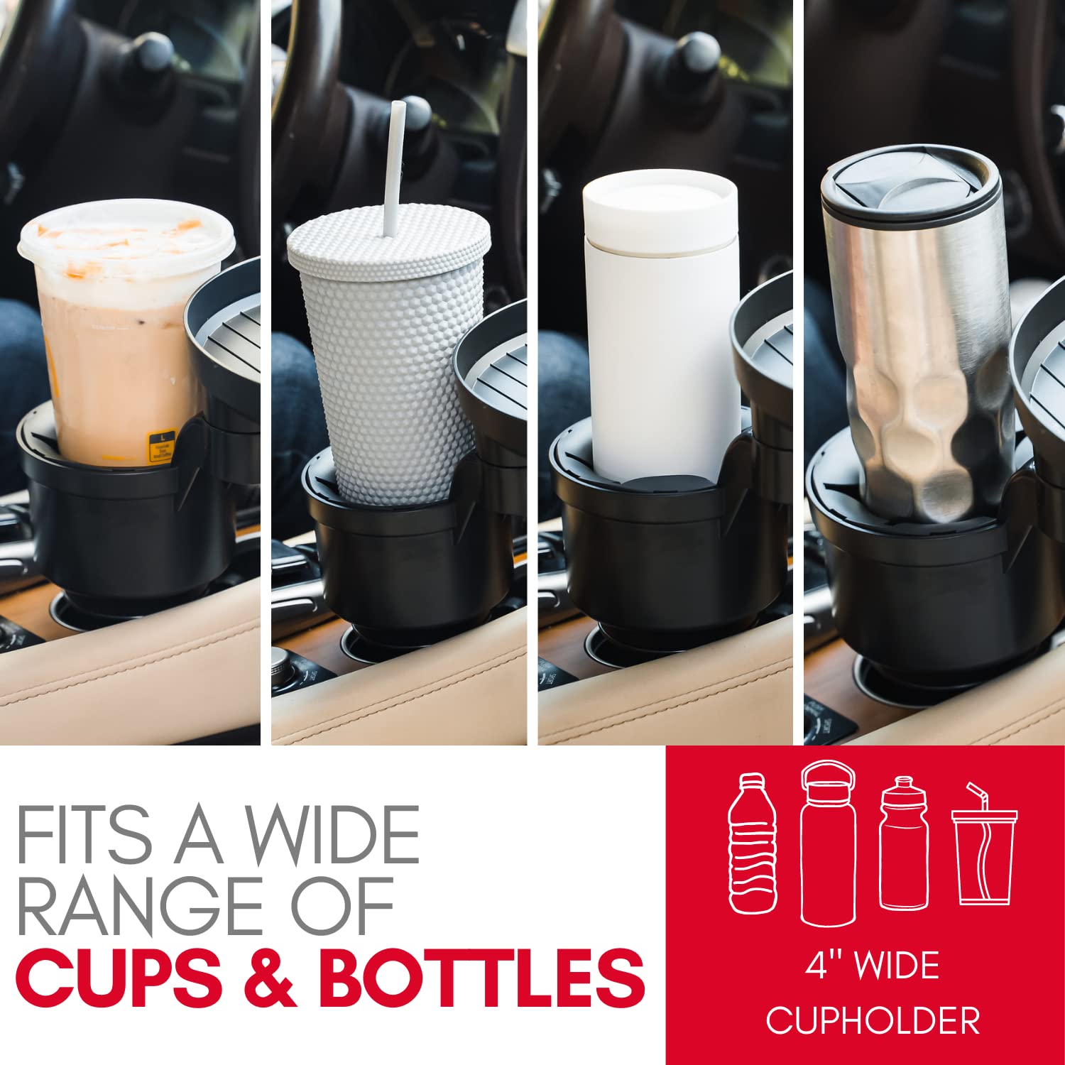 Macally Car Cup Holder Tray And Cup Holder Expander With Phone Slot- Enjoy Your Meal - 9 Food Tray Table And Drink Holder For Yeti, Hydroflask, Etc.
